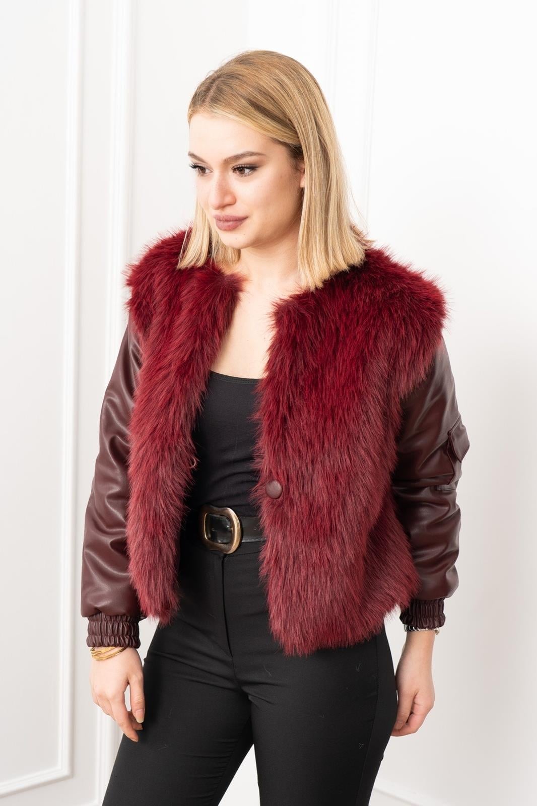 NOA DERİ KOLLU PELUŞ MONT - BORDO