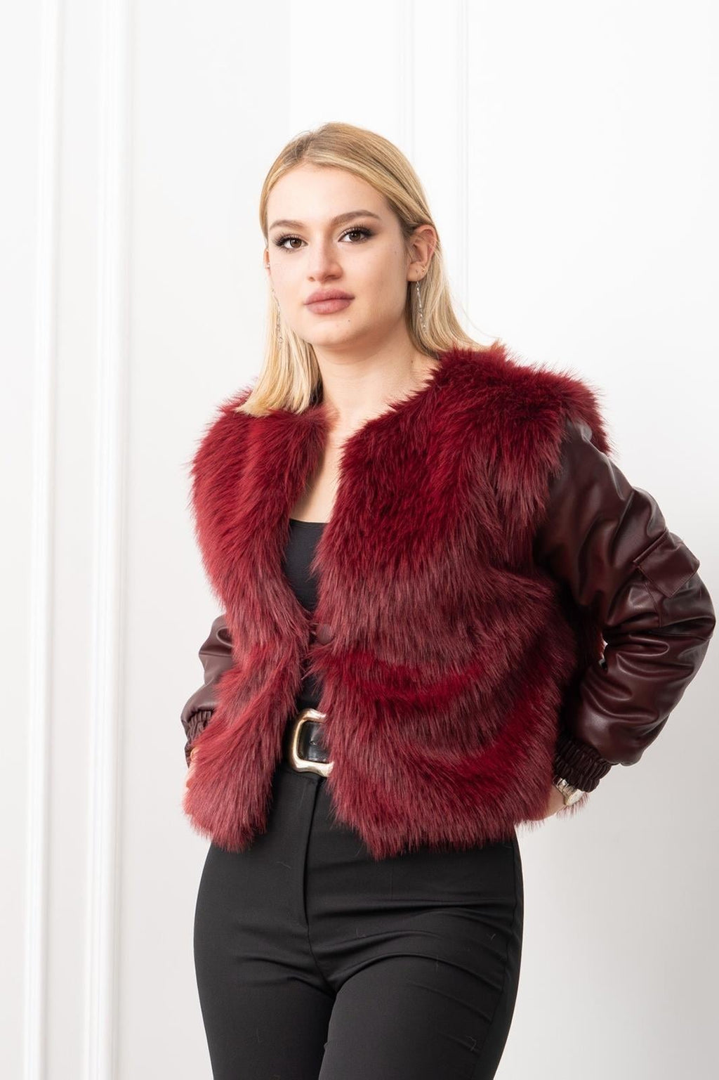 NOA DERİ KOLLU PELUŞ MONT - BORDO