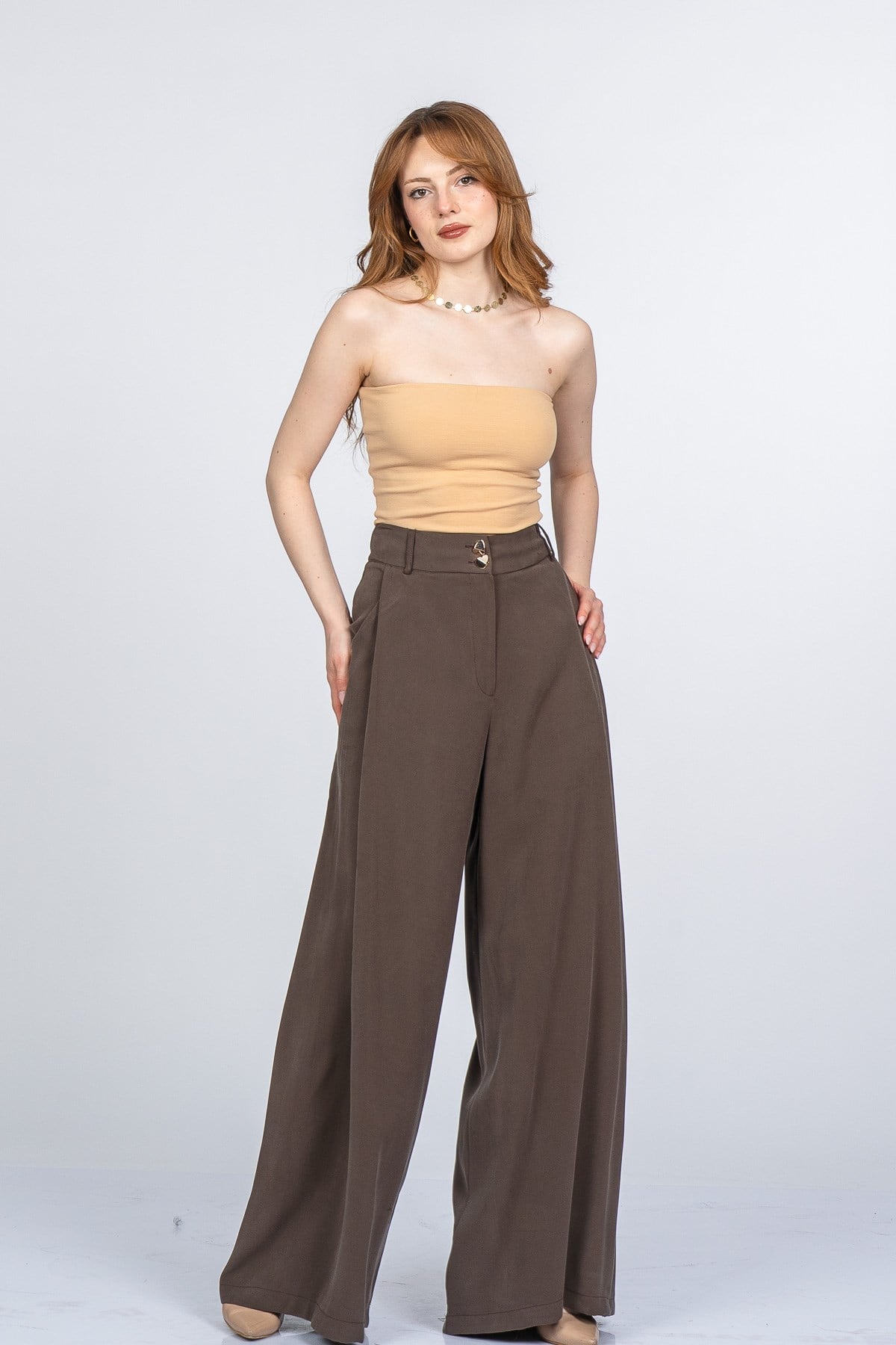 NYAH PİLELİ PANTOLON - KAHVE