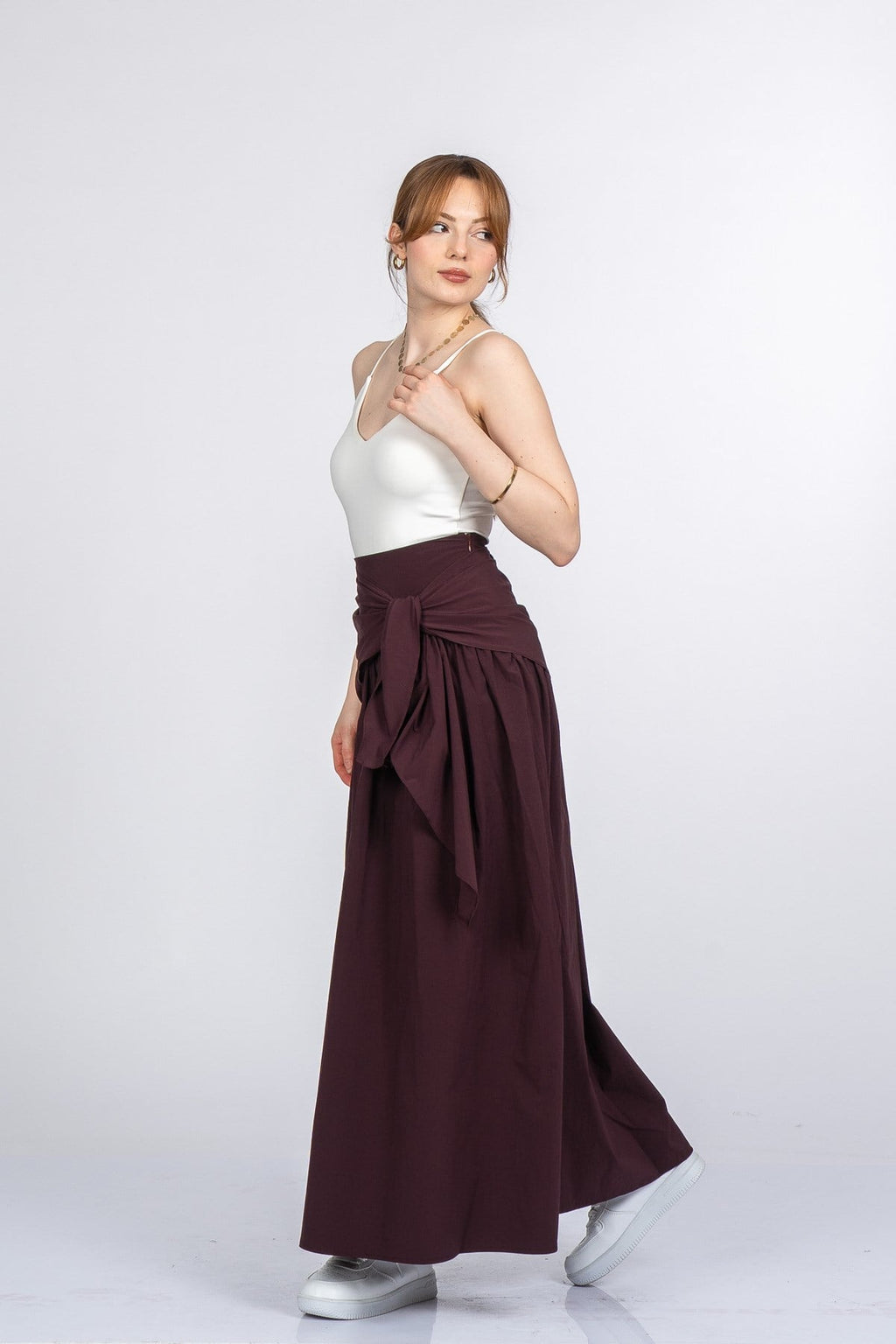 OLIVIA KUŞAKLI BÜZGÜLÜ ETEK - BORDO