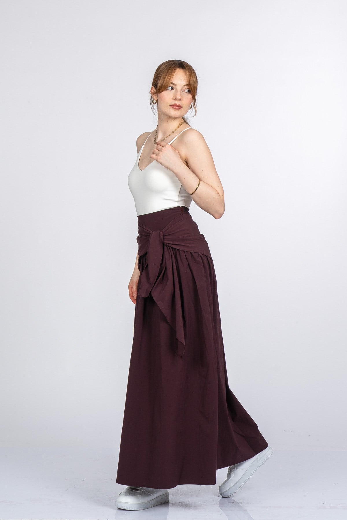 OLIVIA KUŞAKLI BÜZGÜLÜ ETEK - BORDO