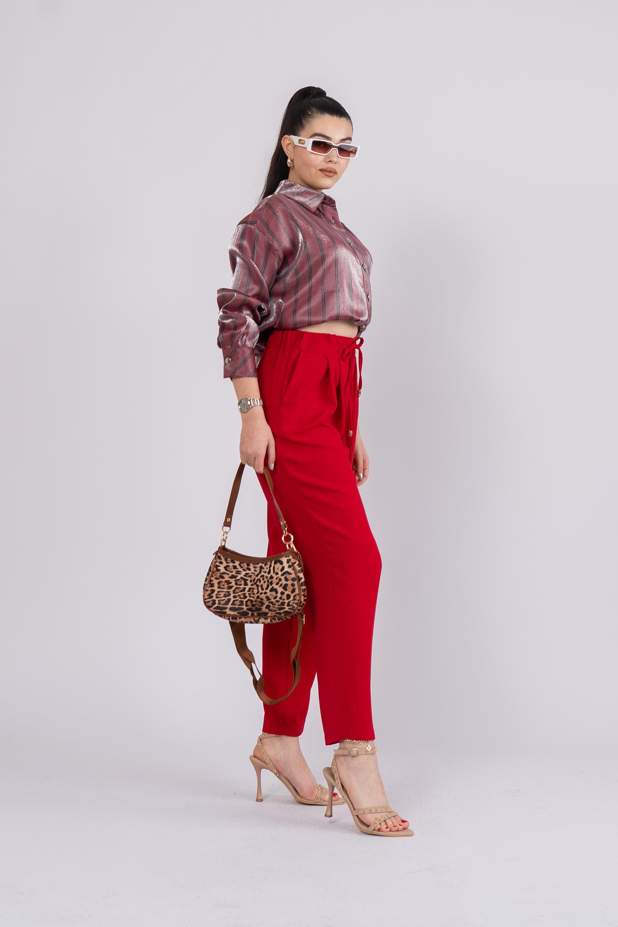 Ön Pile Ve Bağcıklı Beli Lastikli Pantolon 30244 - KIRMIZI