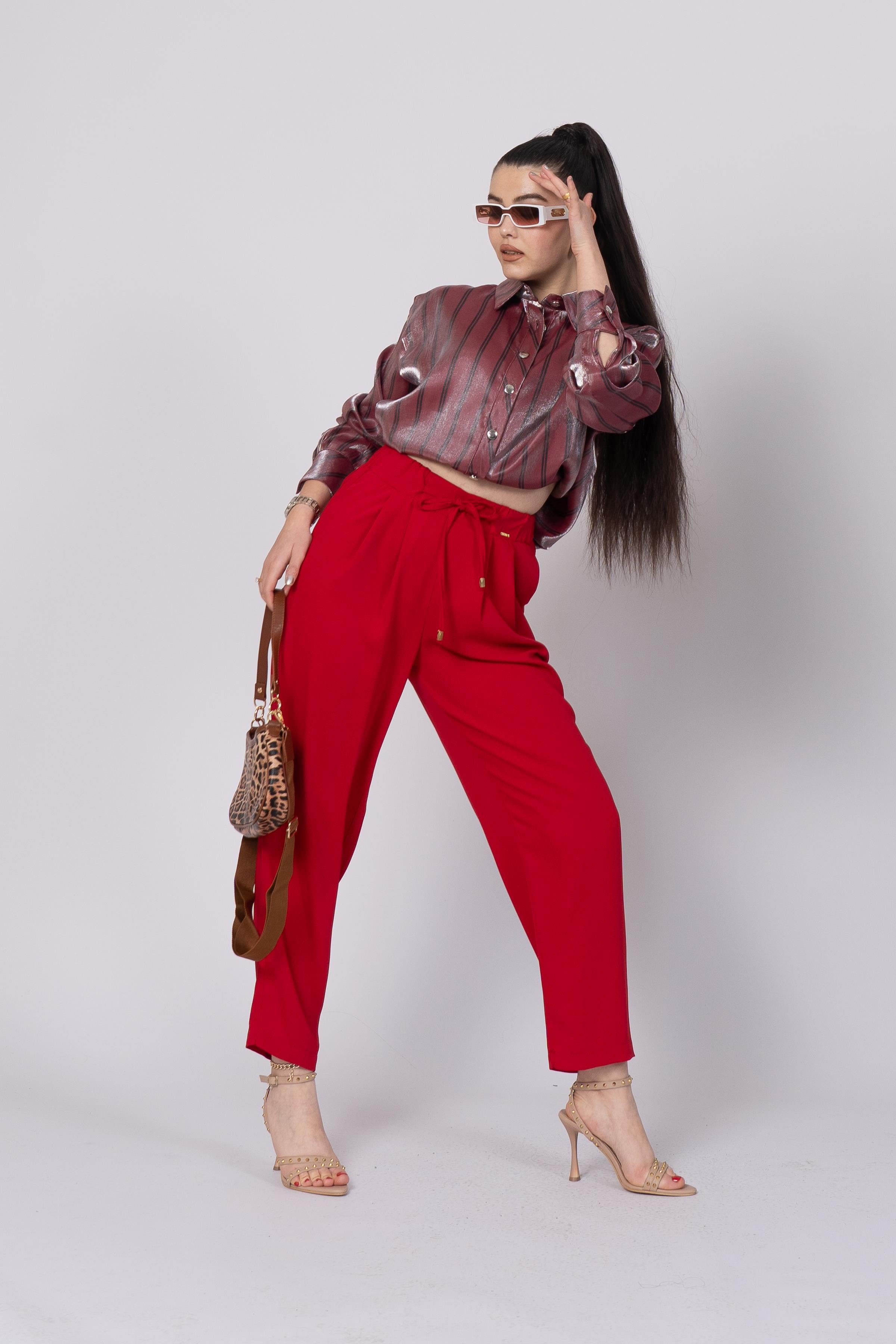 Ön Pile Ve Bağcıklı Beli Lastikli Pantolon 30244 - KIRMIZI