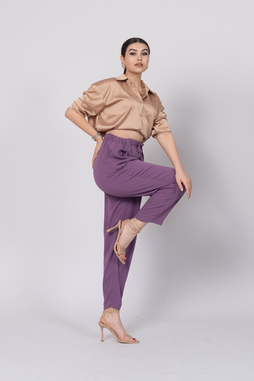 Ön Pile Ve Bağcıklı Beli Lastikli Pantolon 30244 - LİLA