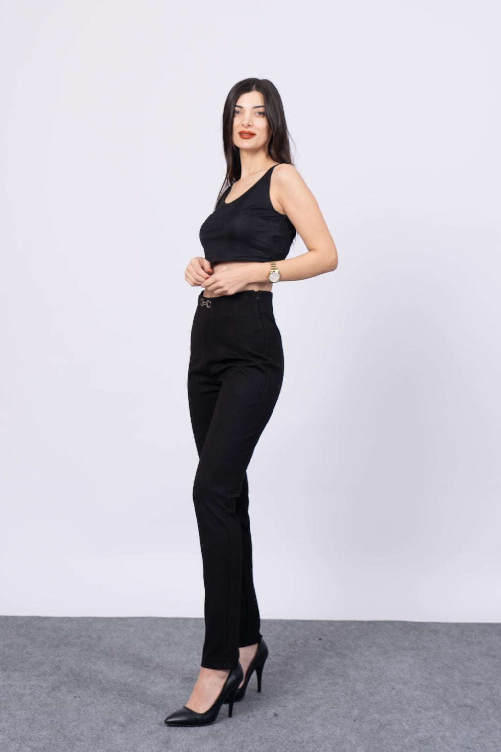 Önü Pens Ve Aksesuar Detaylı Çelik Örme Pantolon 30196 - SIYAH