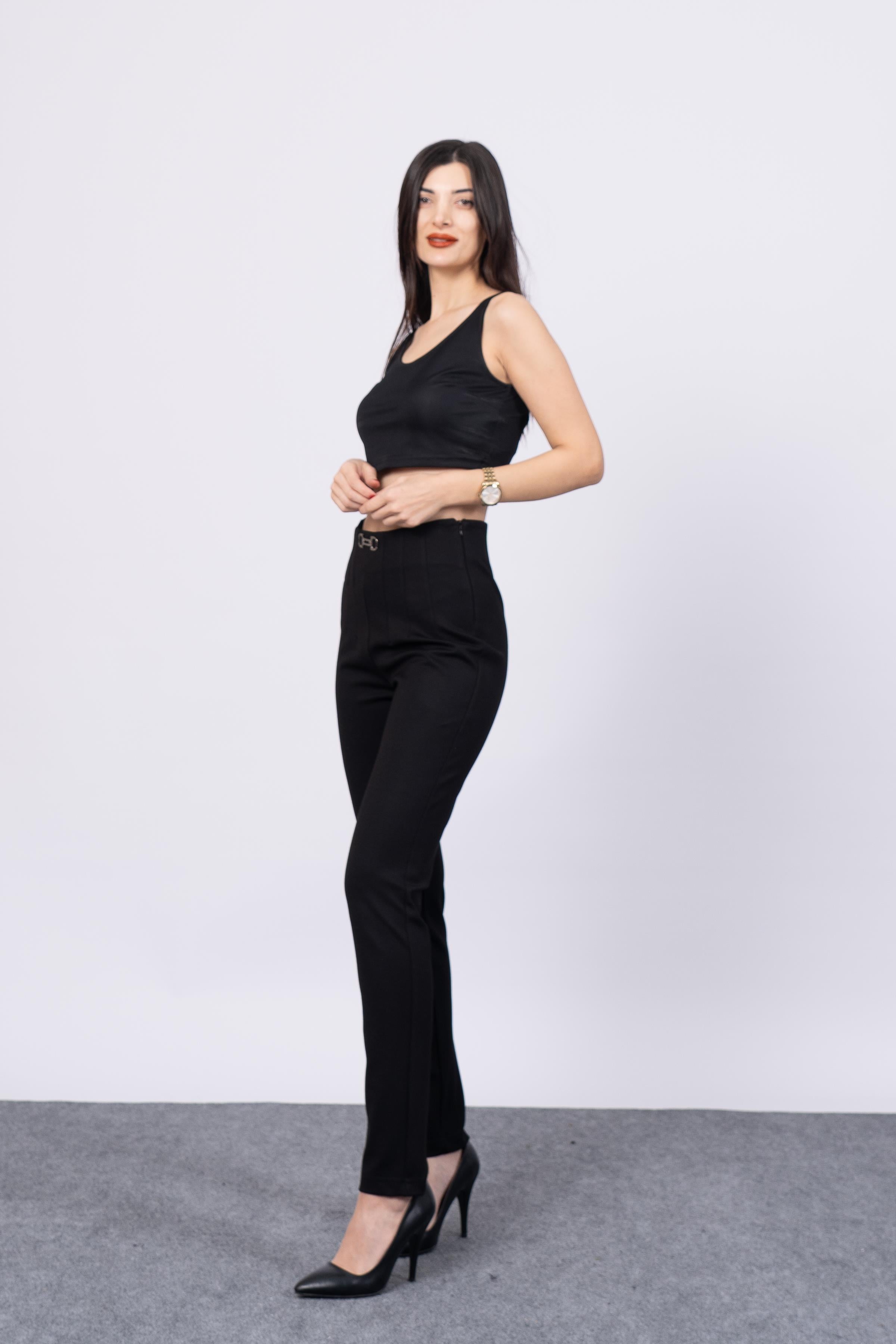 Önü Pens Ve Aksesuar Detaylı Çelik Örme Pantolon 30196 - SIYAH