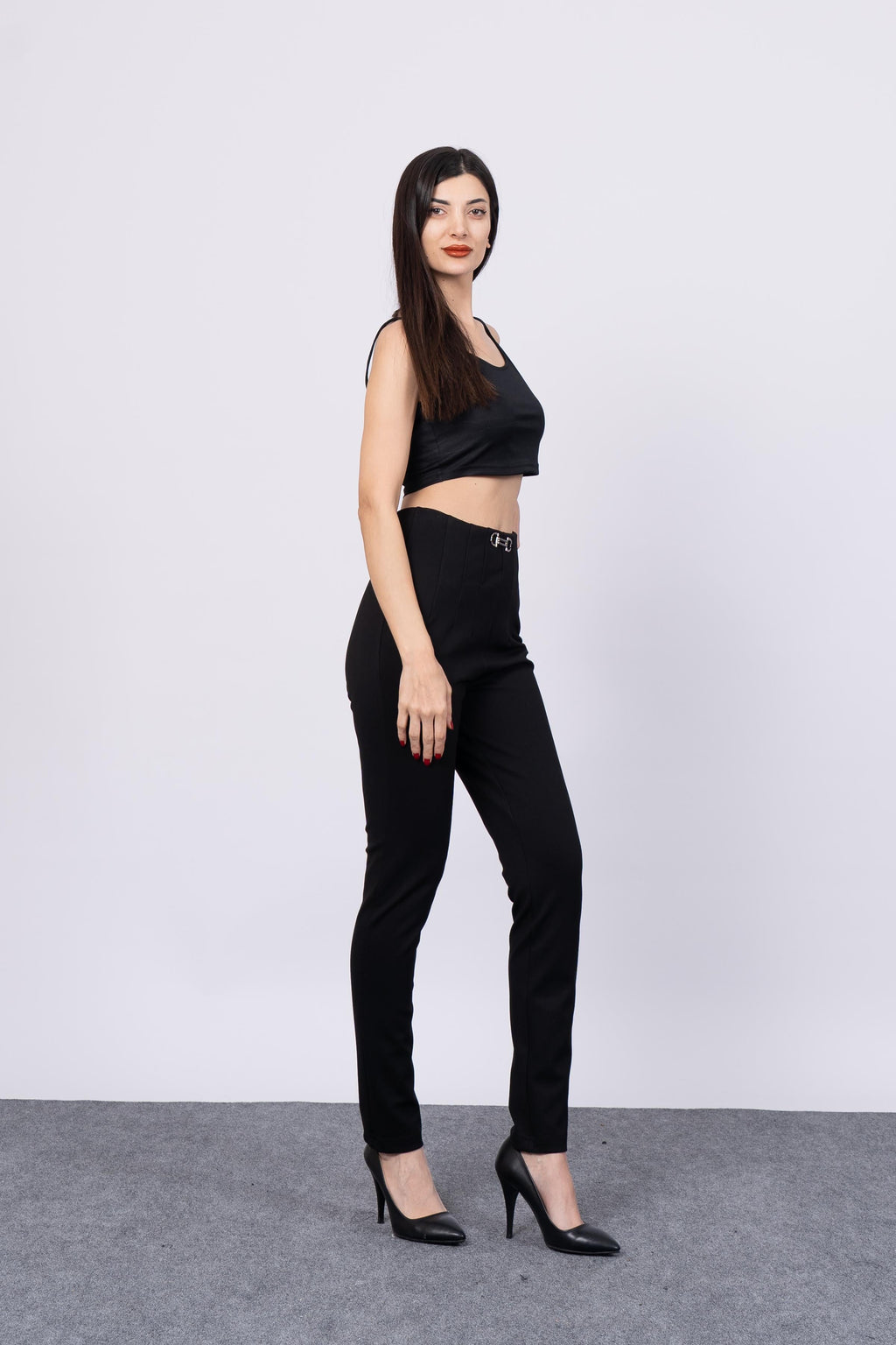 Önü Pens Ve Aksesuar Detaylı Çelik Örme Pantolon 30196 - SIYAH