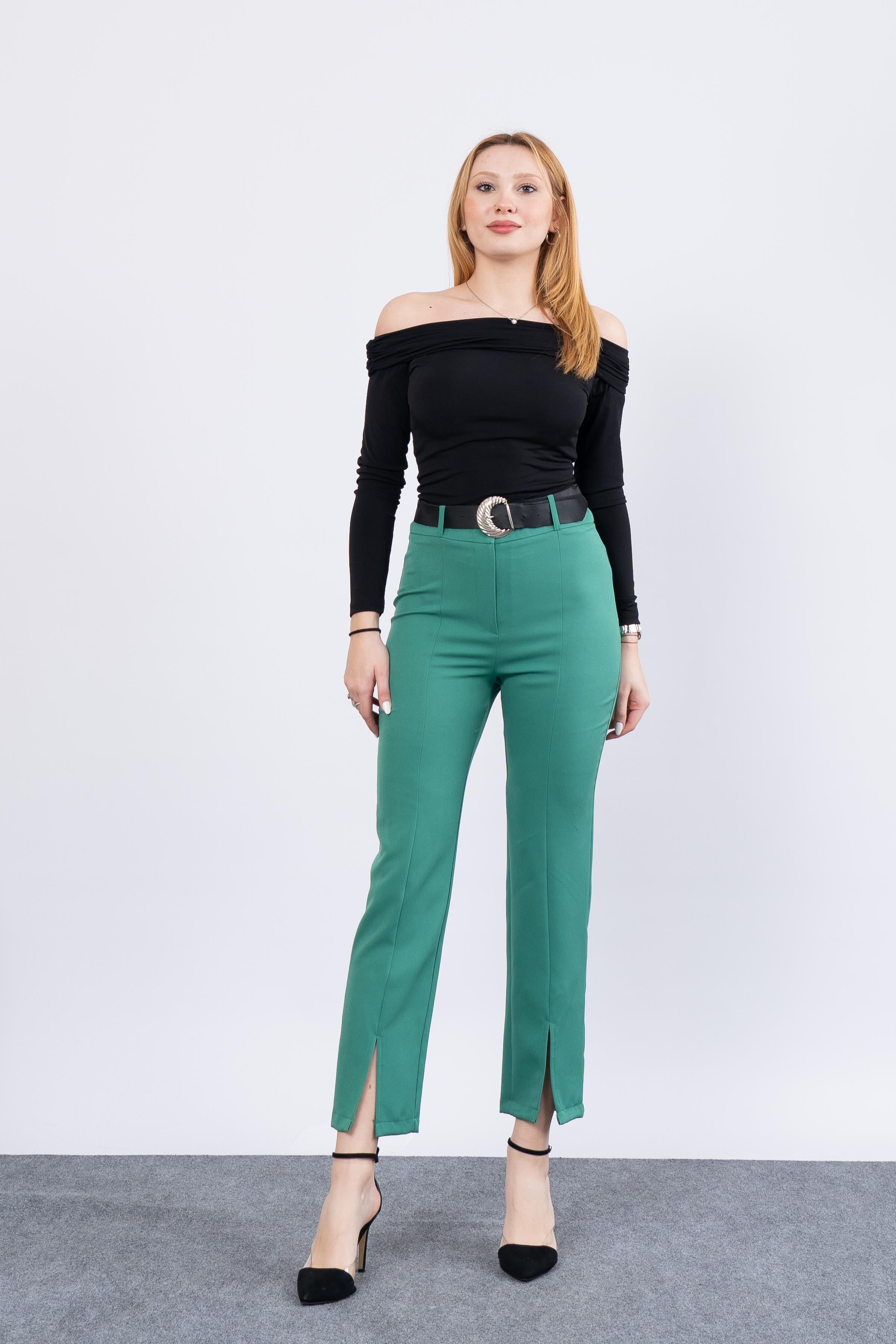 Paçası Yırtmaçlı Kemerli Pantolon 3878 - YESIL