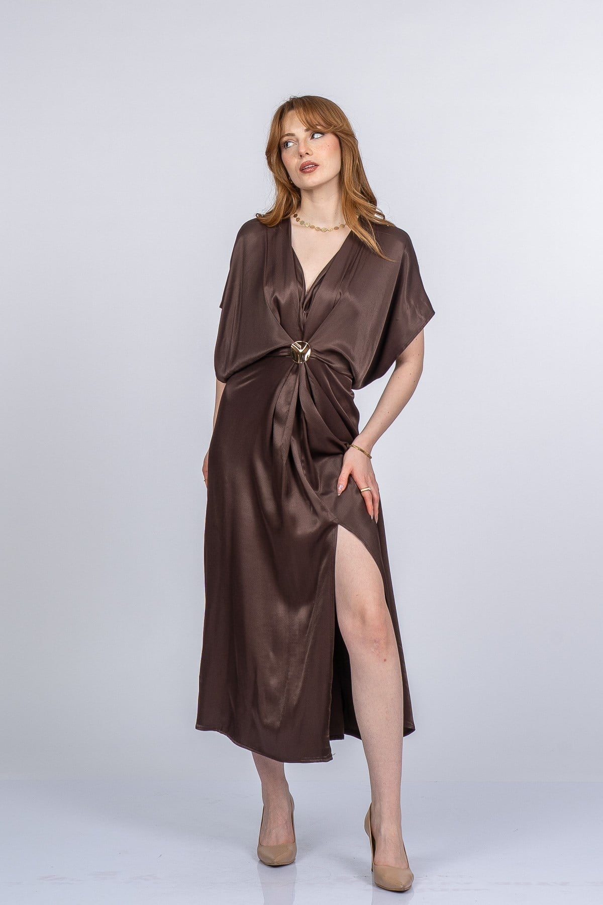 PRINCES SATEN OVERSIZE ELBİSE - KAHVE
