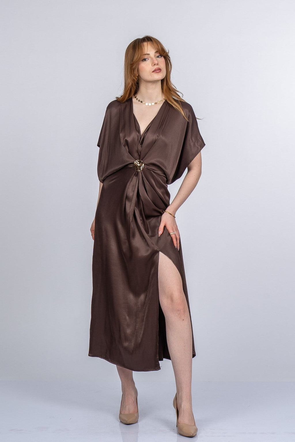 PRINCES SATEN OVERSIZE ELBİSE - KAHVE