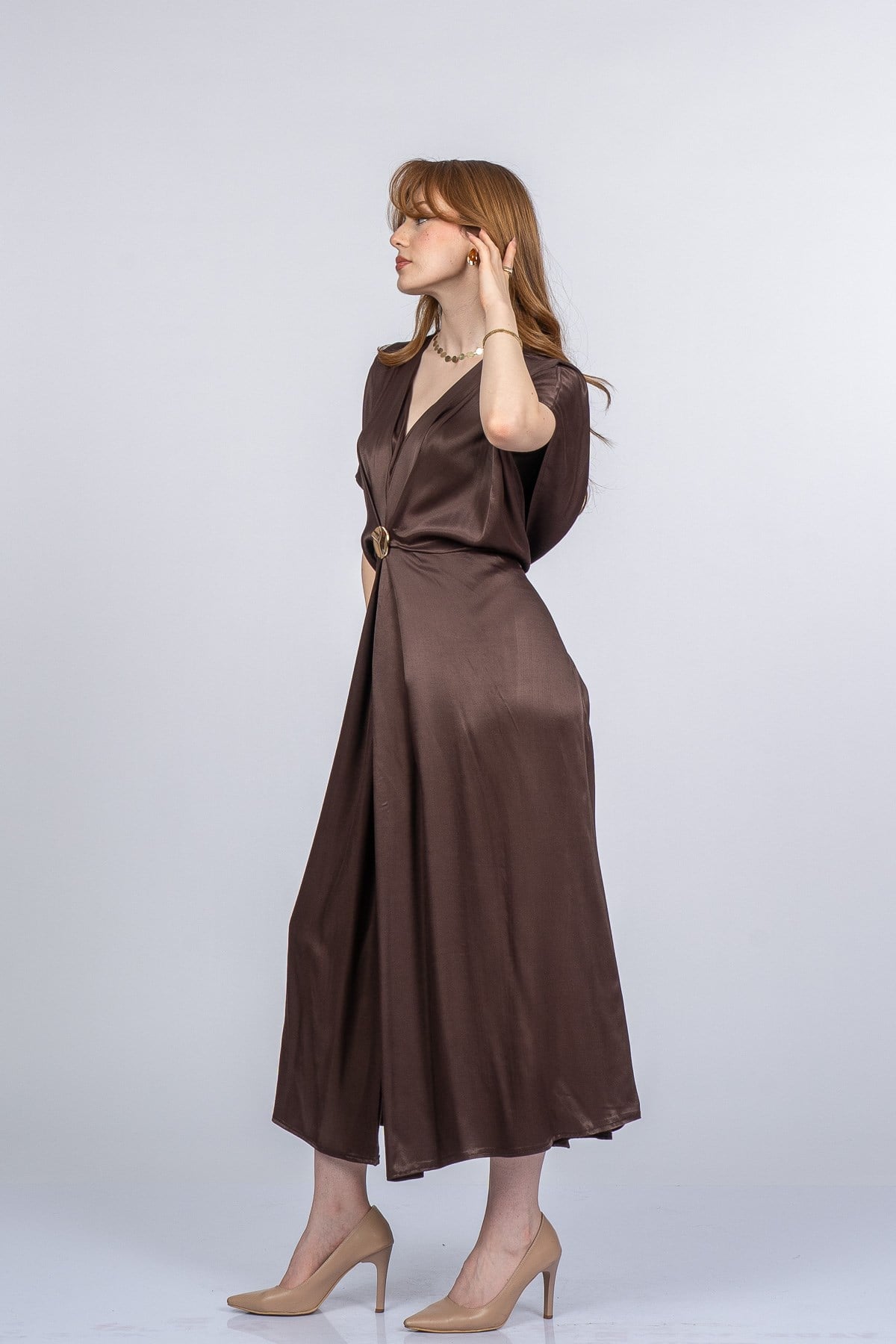 PRINCES SATEN OVERSIZE ELBİSE - KAHVE