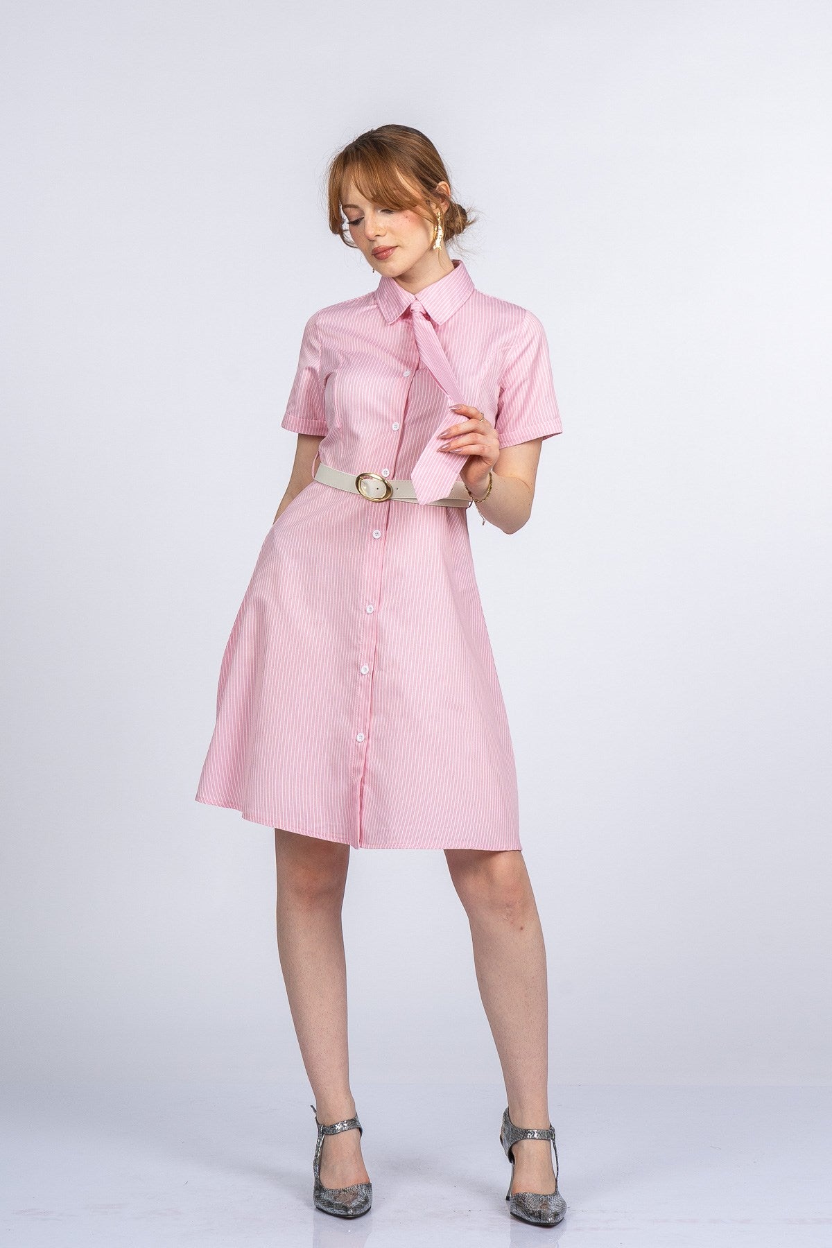 PRISCILLA ÇİZGİLİ ELBİSE - PEMBE