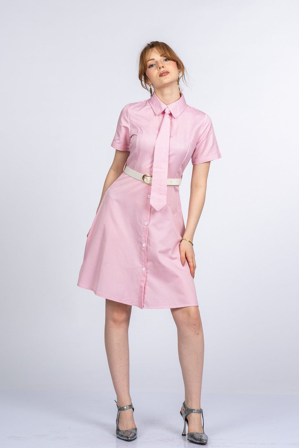 PRISCILLA ÇİZGİLİ ELBİSE - PEMBE