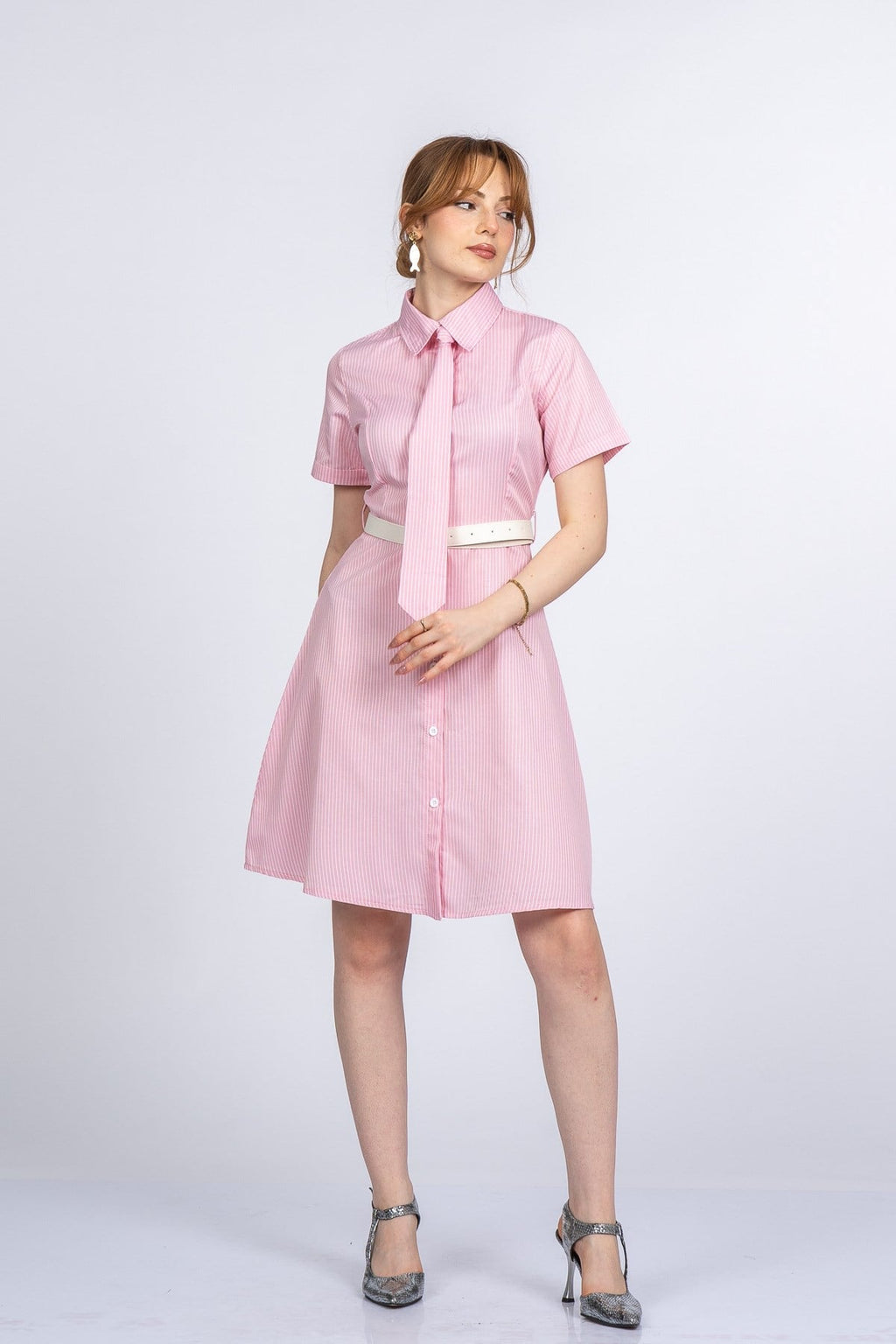 PRISCILLA ÇİZGİLİ ELBİSE - PEMBE