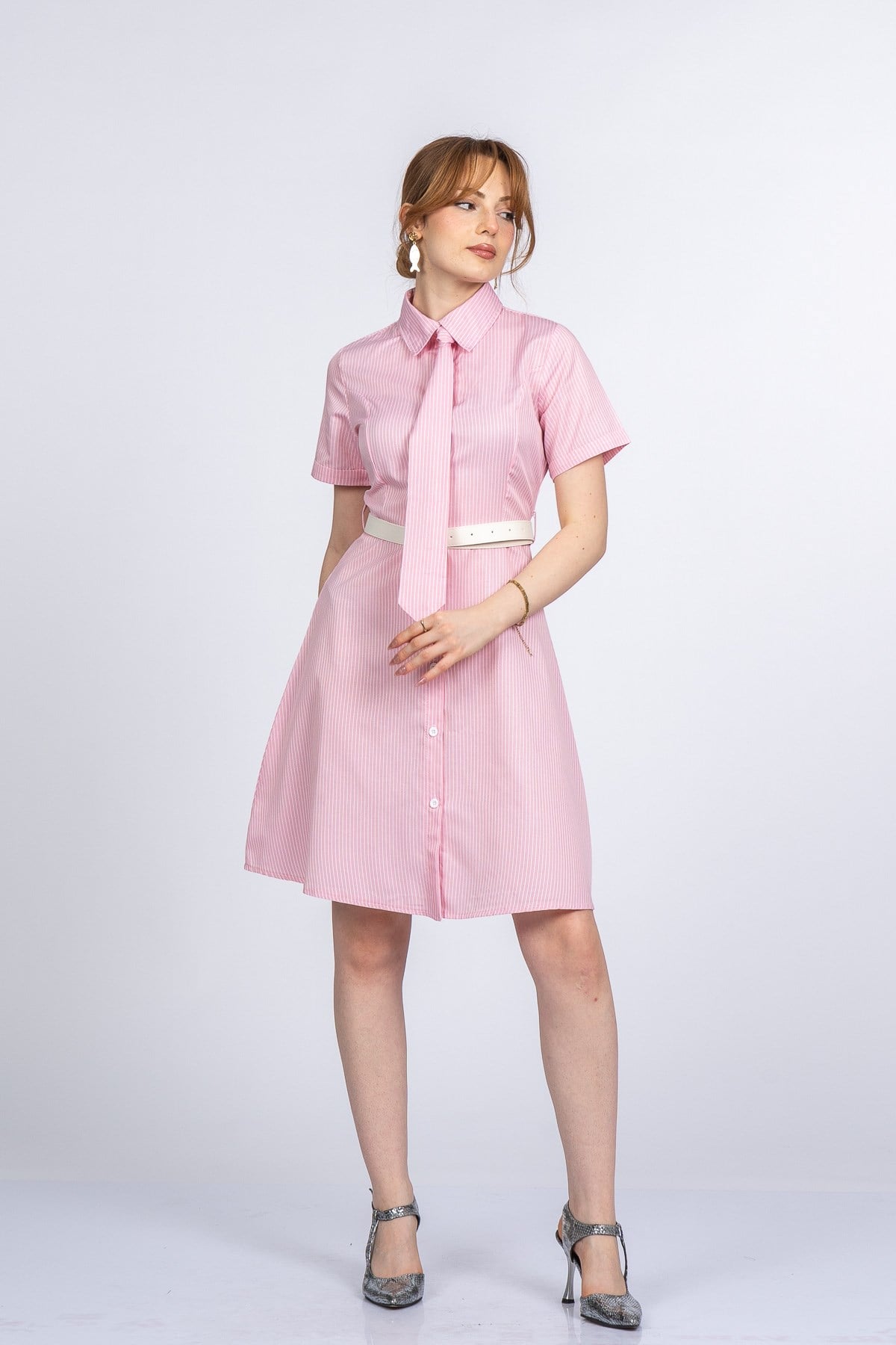 PRISCILLA ÇİZGİLİ ELBİSE - PEMBE