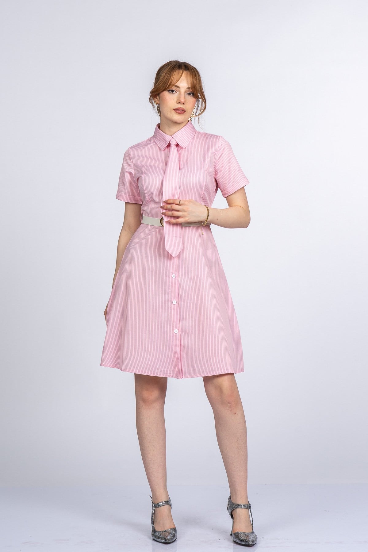 PRISCILLA ÇİZGİLİ ELBİSE - PEMBE