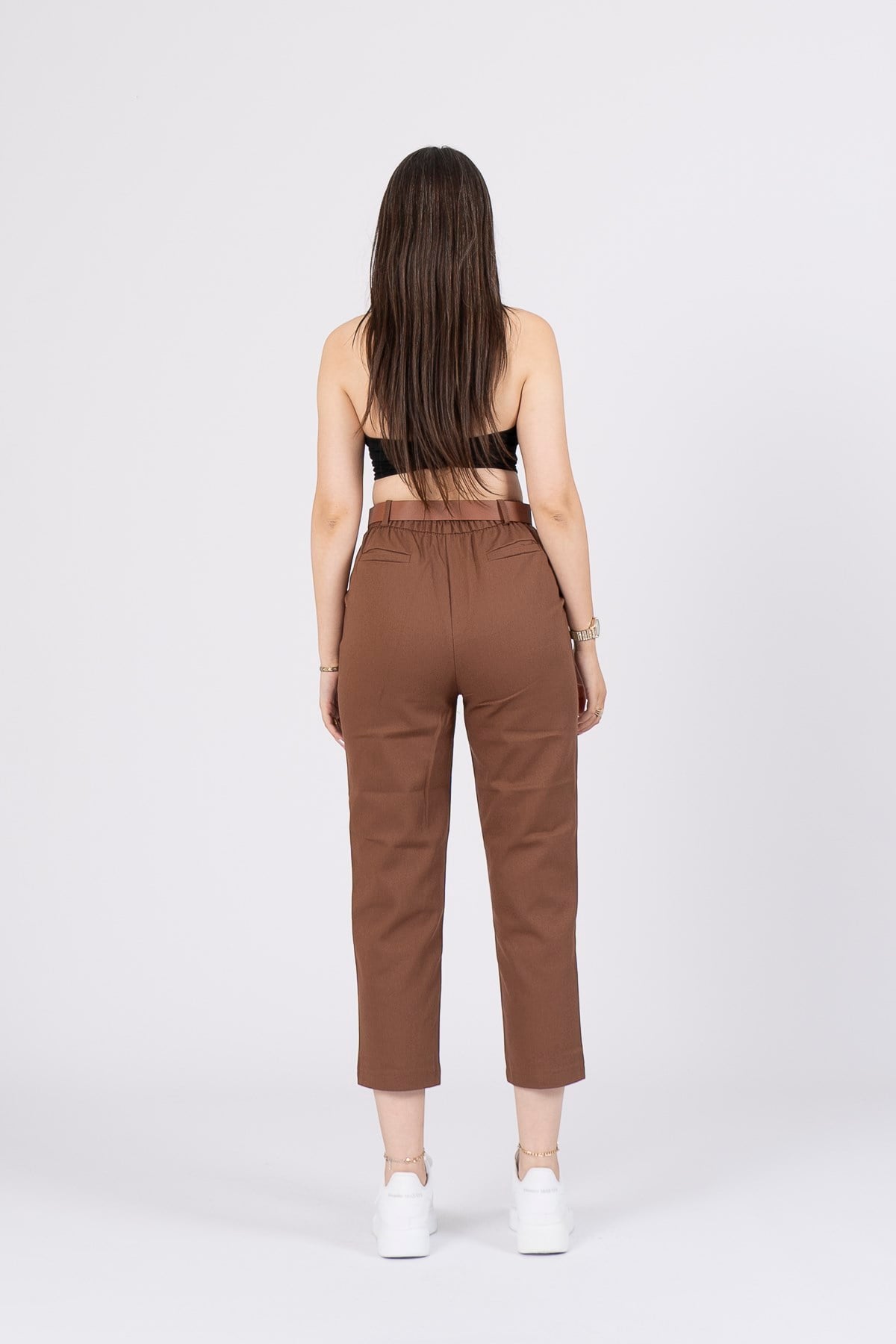 QUIN KEMERLİ KALEM PANTOLON - KAHVE