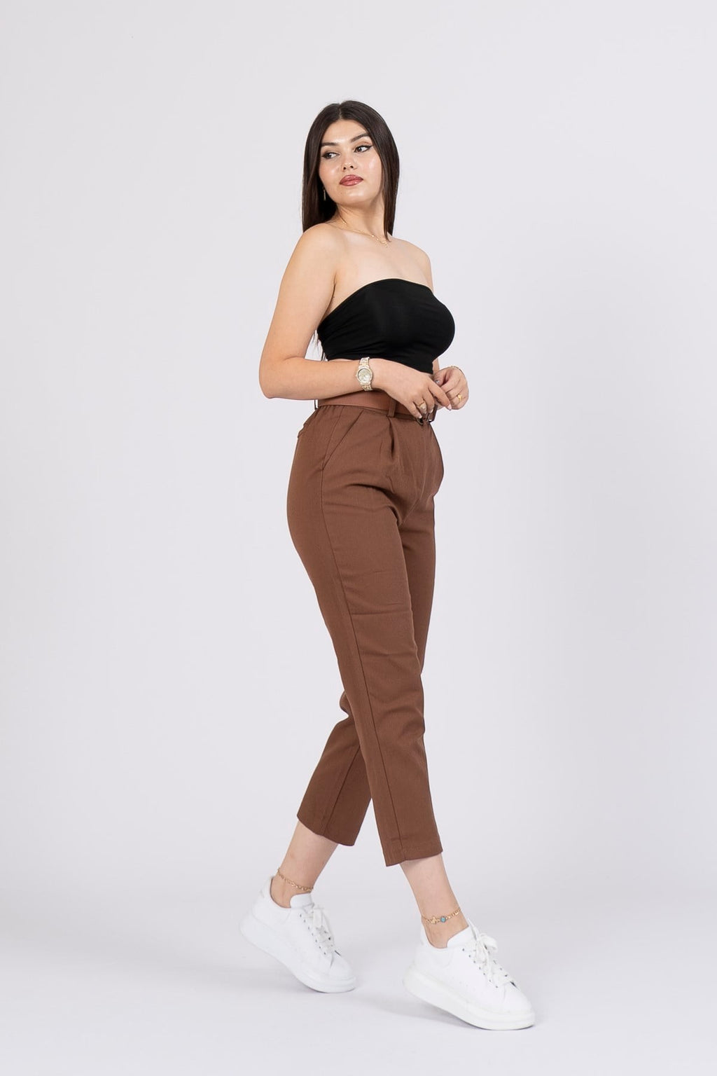 QUIN KEMERLİ KALEM PANTOLON - KAHVE