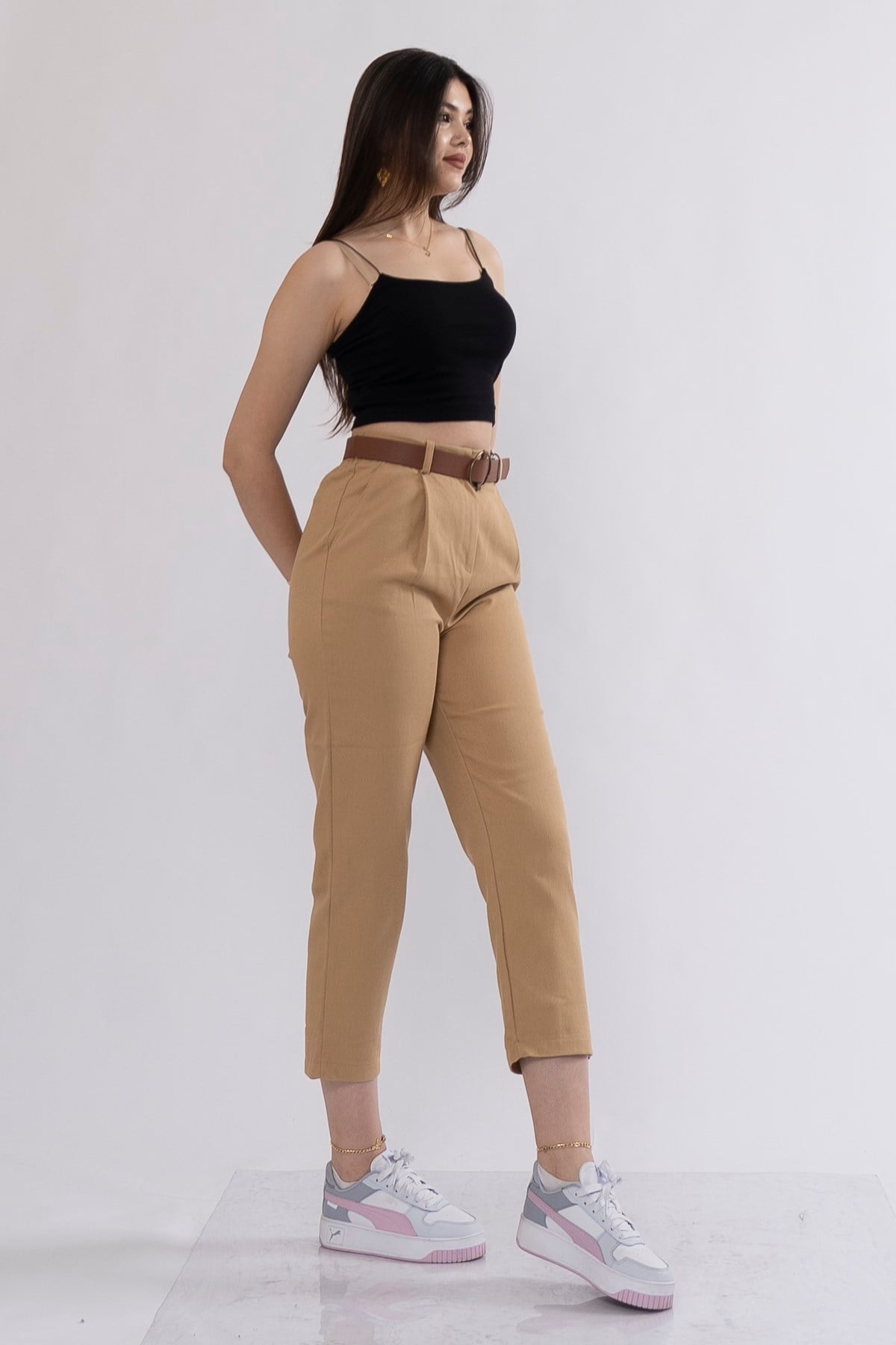 QUIN KEMERLİ KALEM PANTOLON - CAMEL