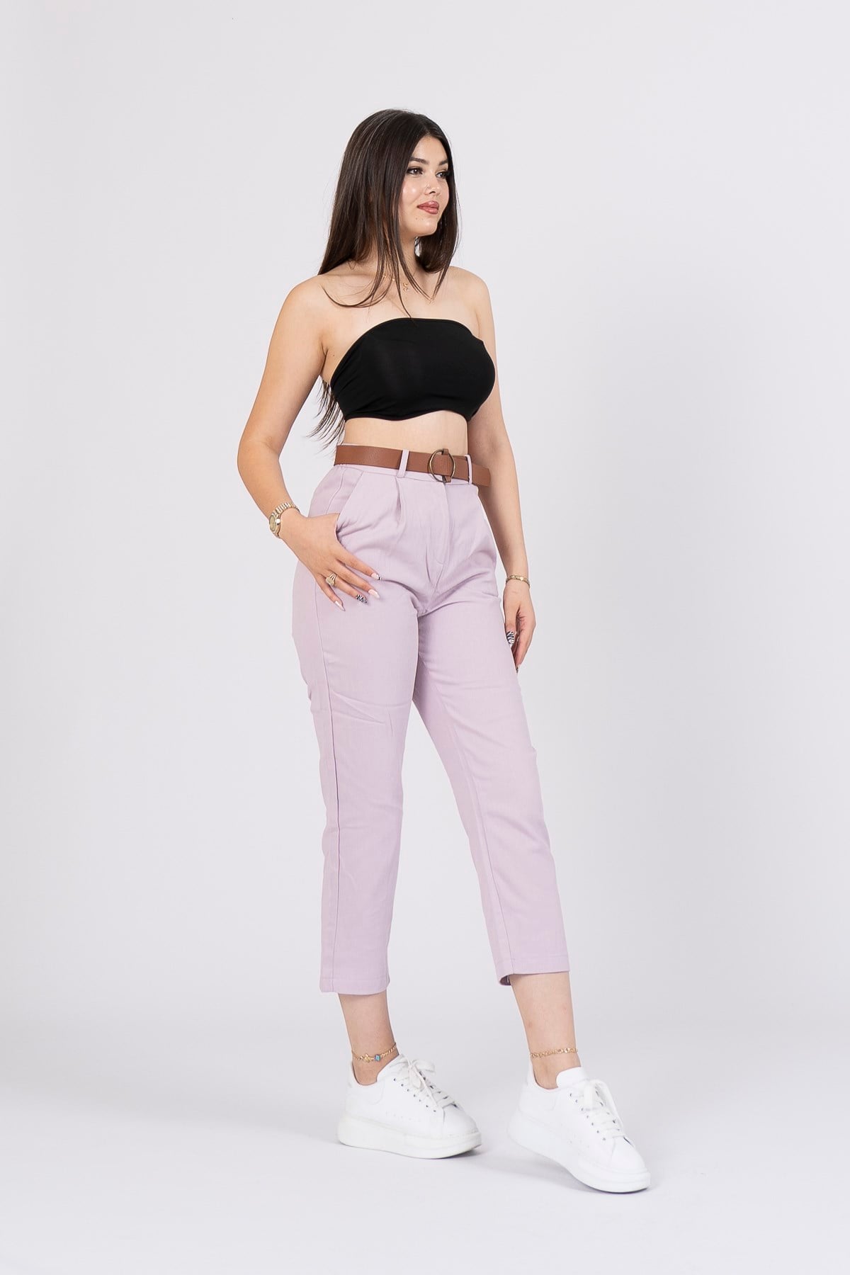 QUIN KEMERLİ KALEM PANTOLON - LİLA