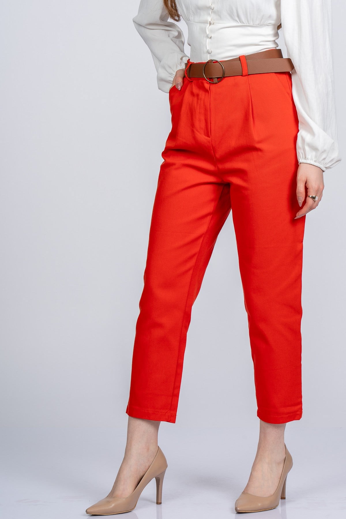 QUIN KEMERLİ KALEM PANTOLON - ORANJ