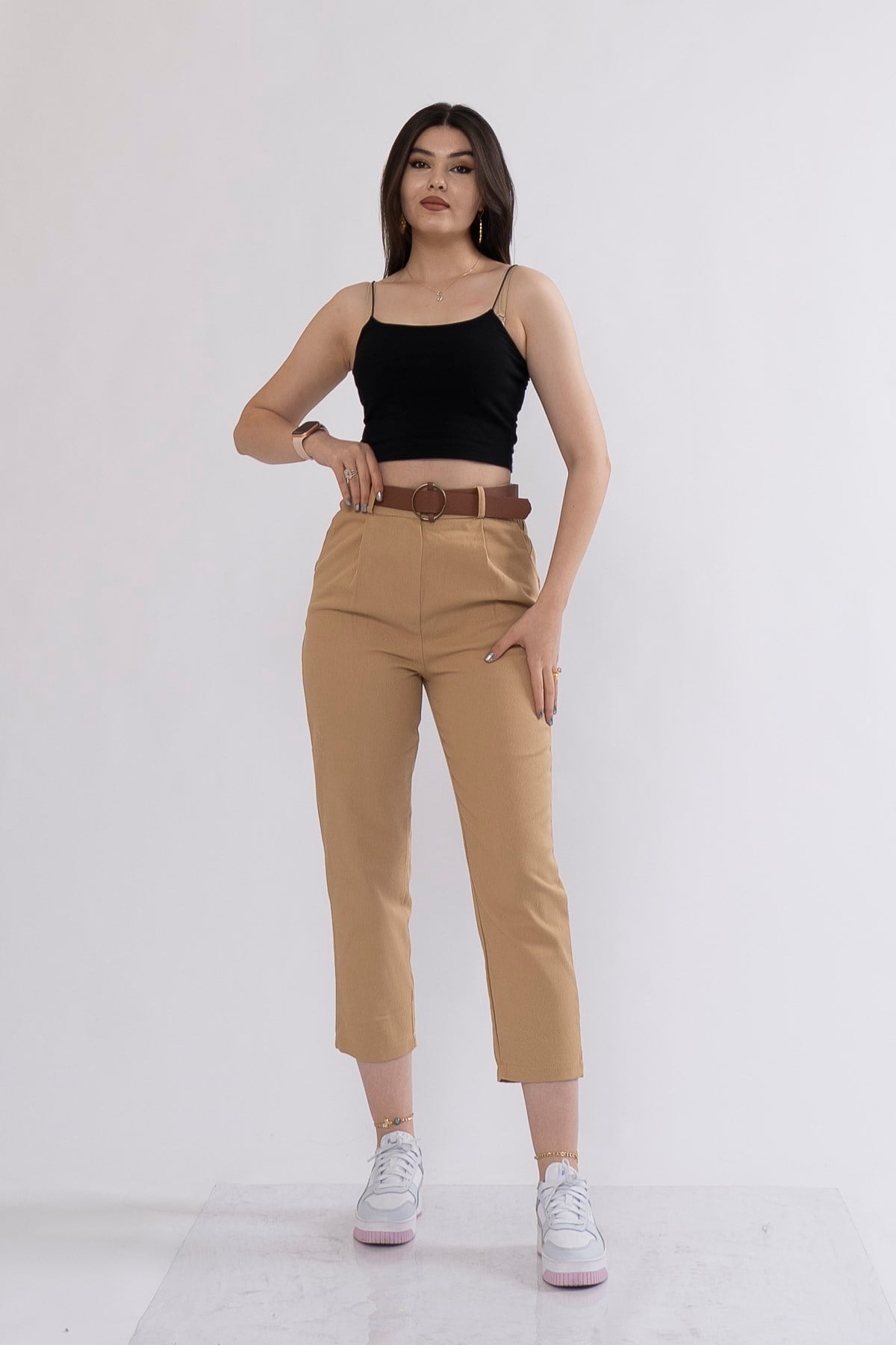 QUIN KEMERLİ KALEM PANTOLON - CAMEL