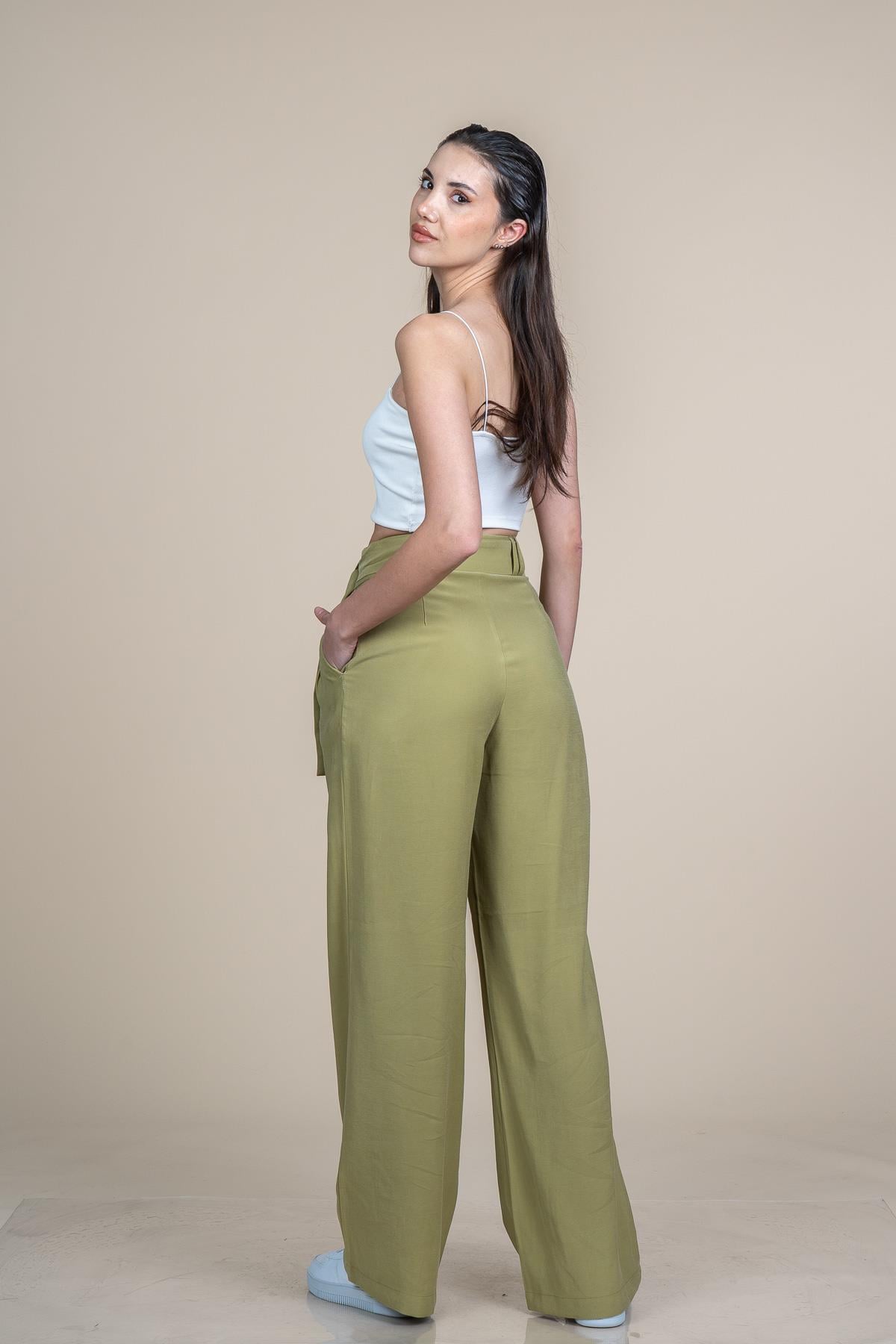 ROS KUŞAKLI PANTOLON - FISTIK YEŞİLİ