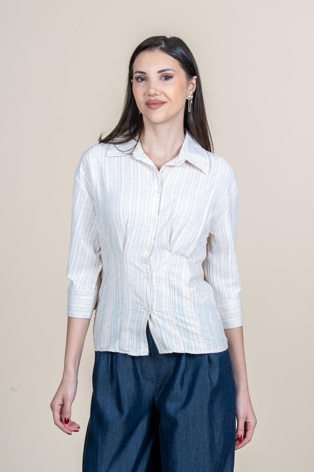 SALMA DÜĞMELİ GÖMLEK - BEJ