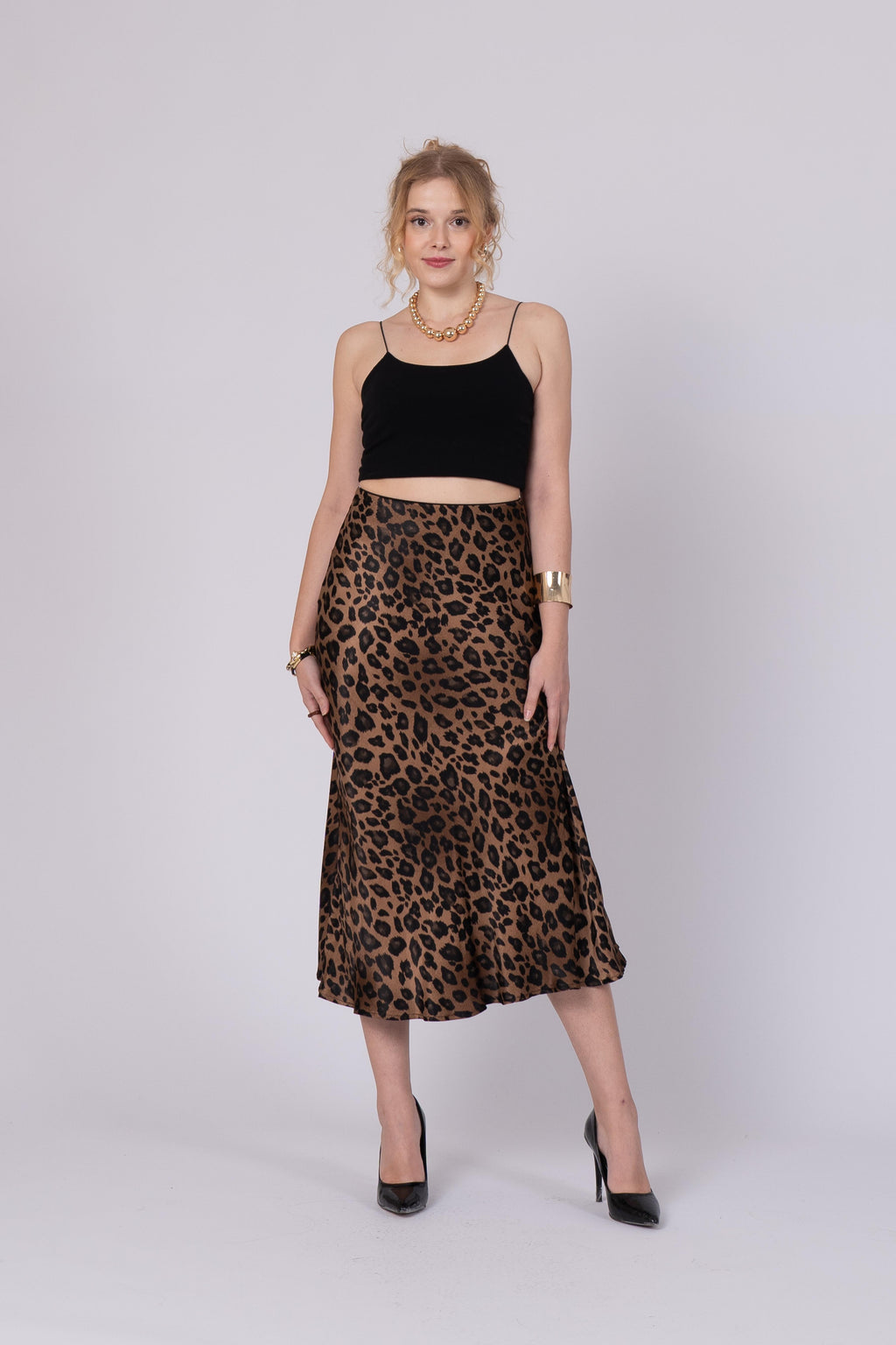 Saten Leopar Desen Beli Lastikli Etek 6718 - KAHVE