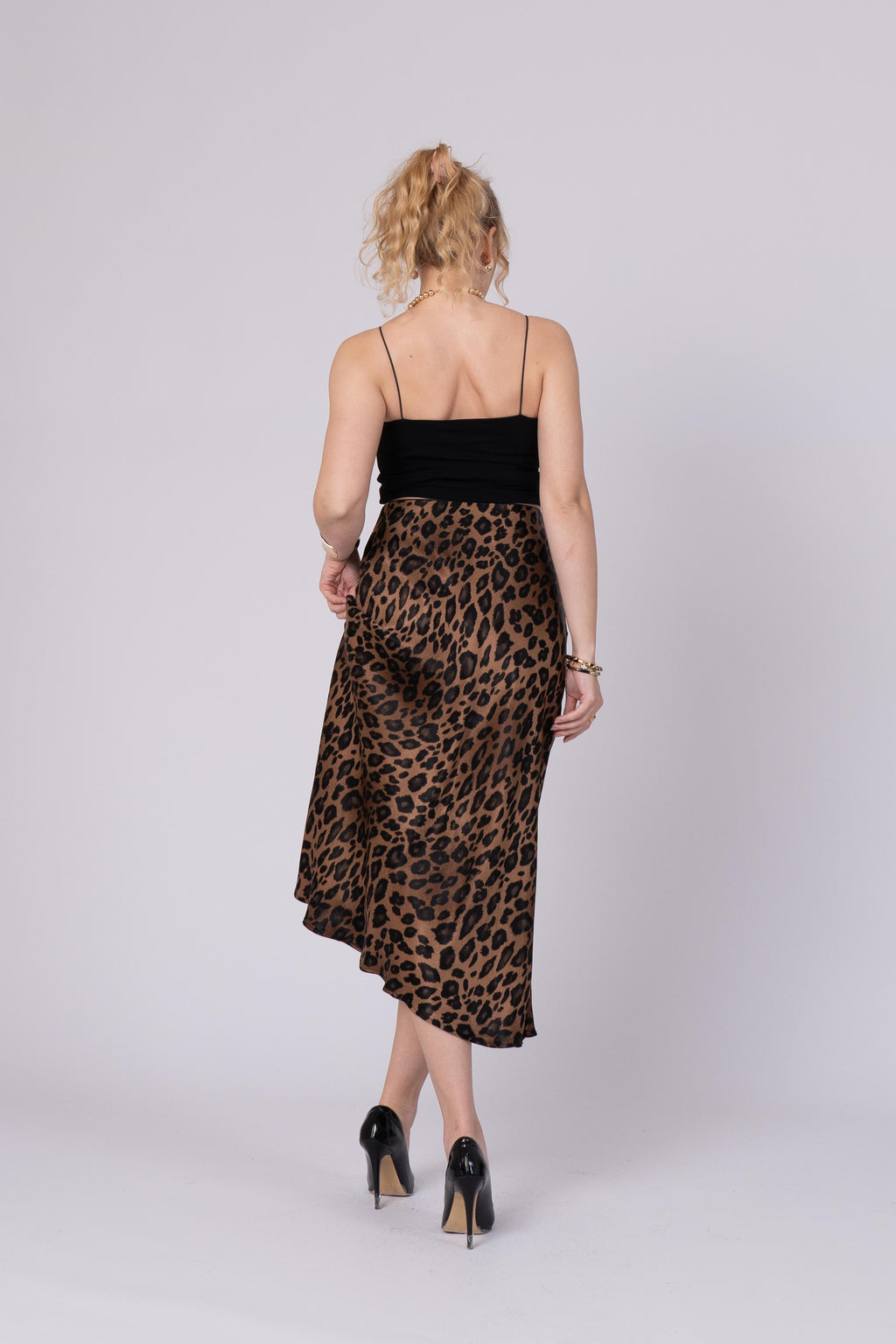 Saten Leopar Desen Beli Lastikli Etek 6718 - KAHVE