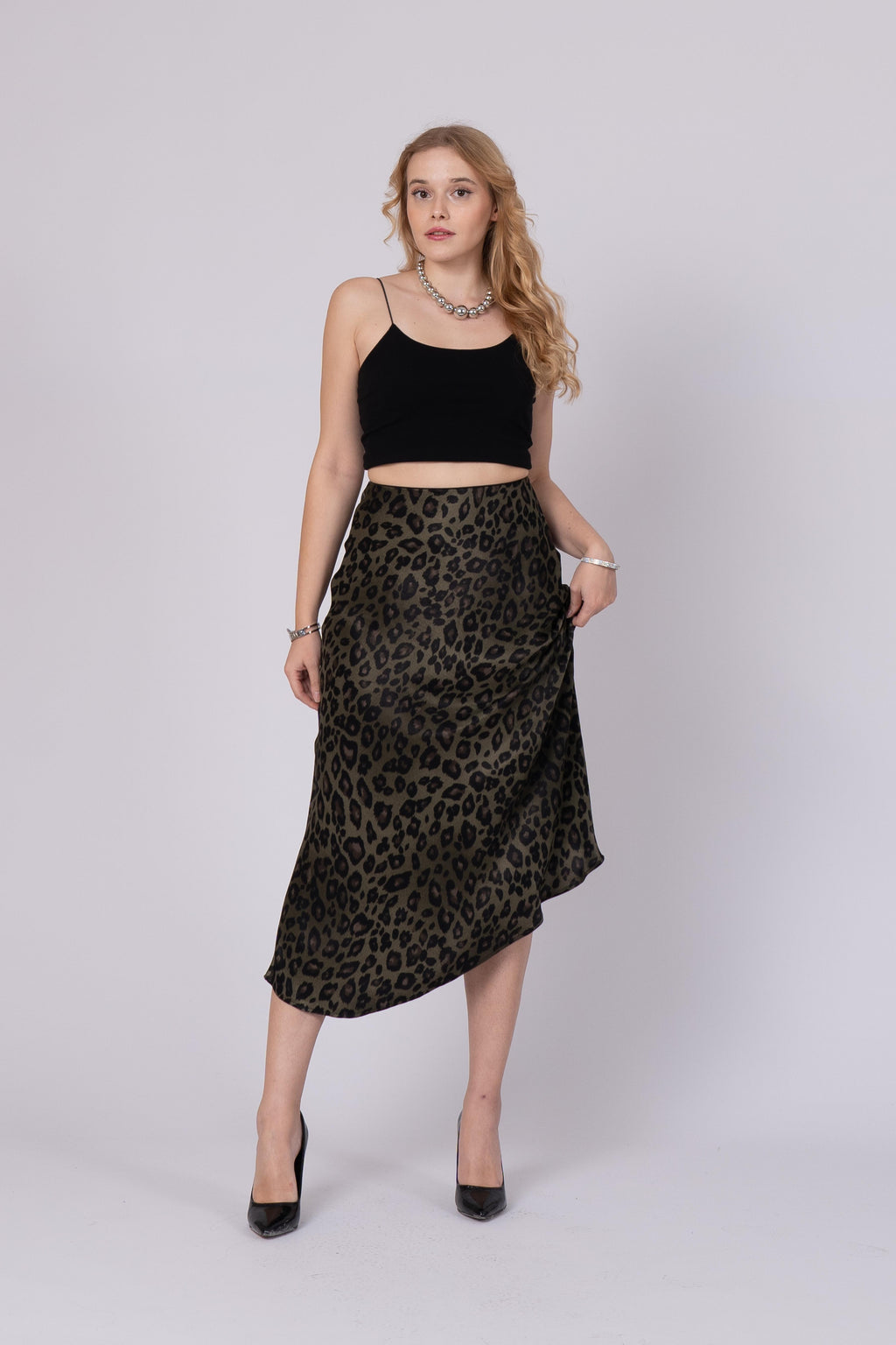 Saten Leopar Desen Beli Lastikli Etek 6718 - HAKİ