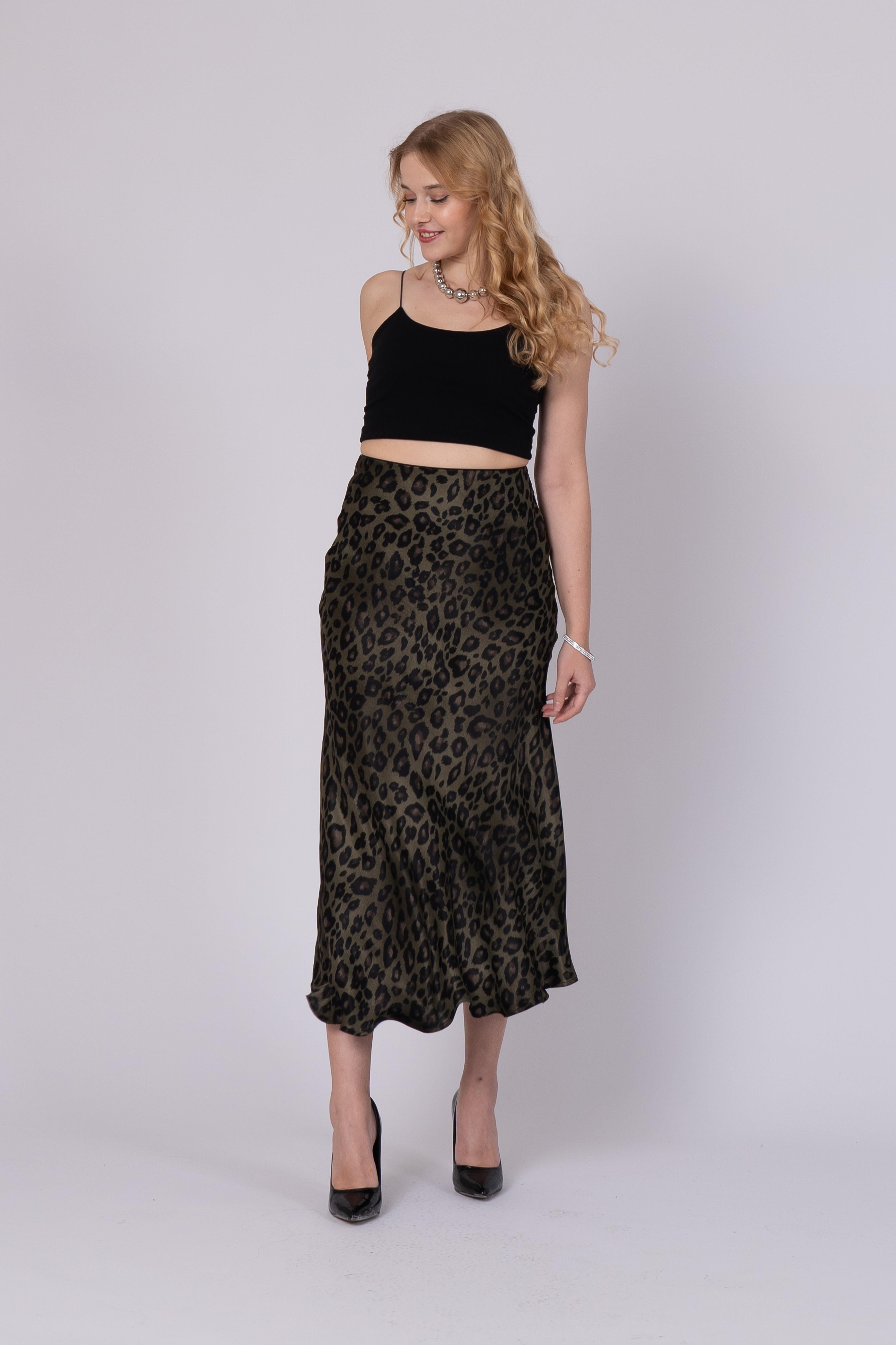 Saten Leopar Desen Beli Lastikli Etek 6718 - HAKİ