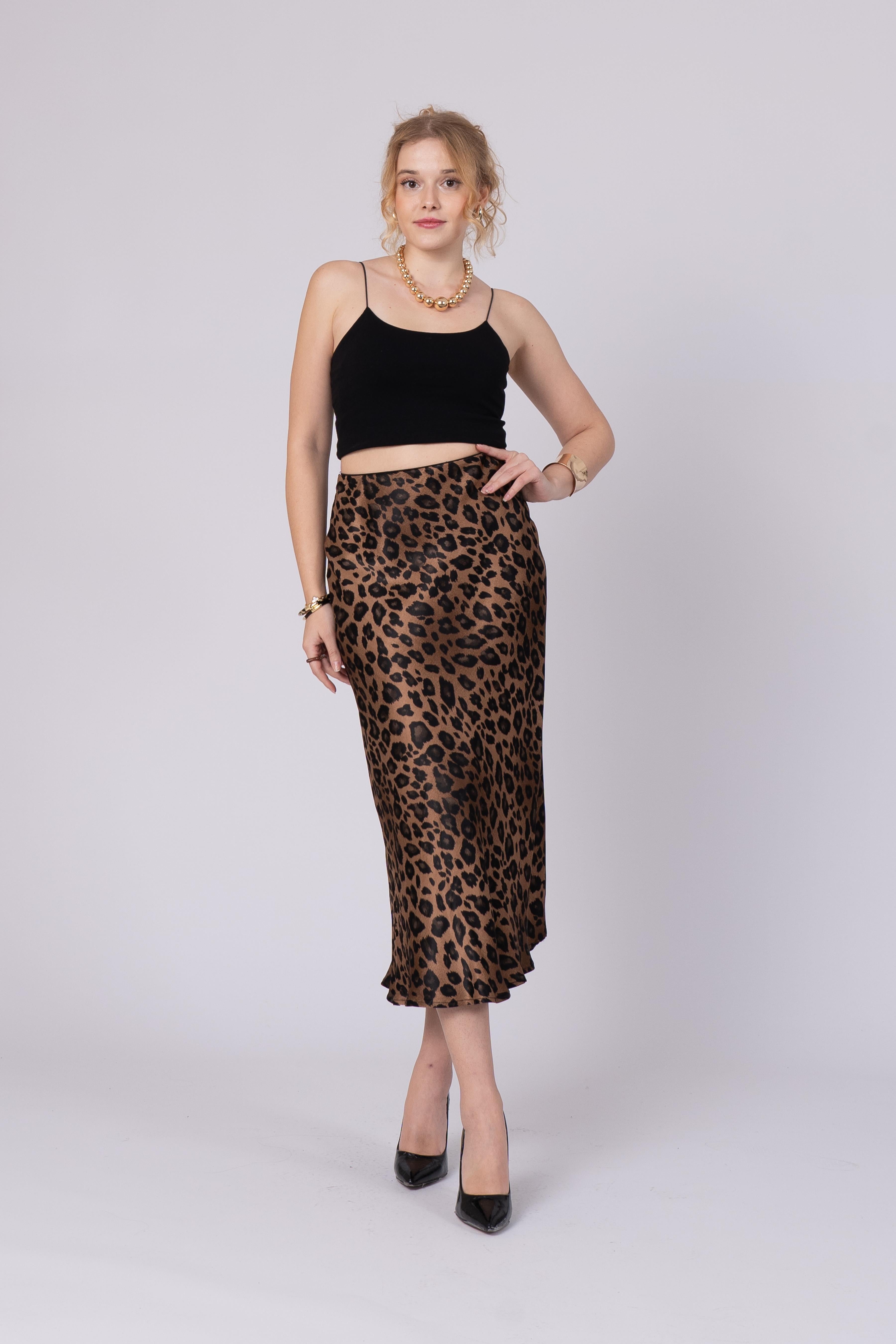 Saten Leopar Desen Beli Lastikli Etek 6718 - KAHVE