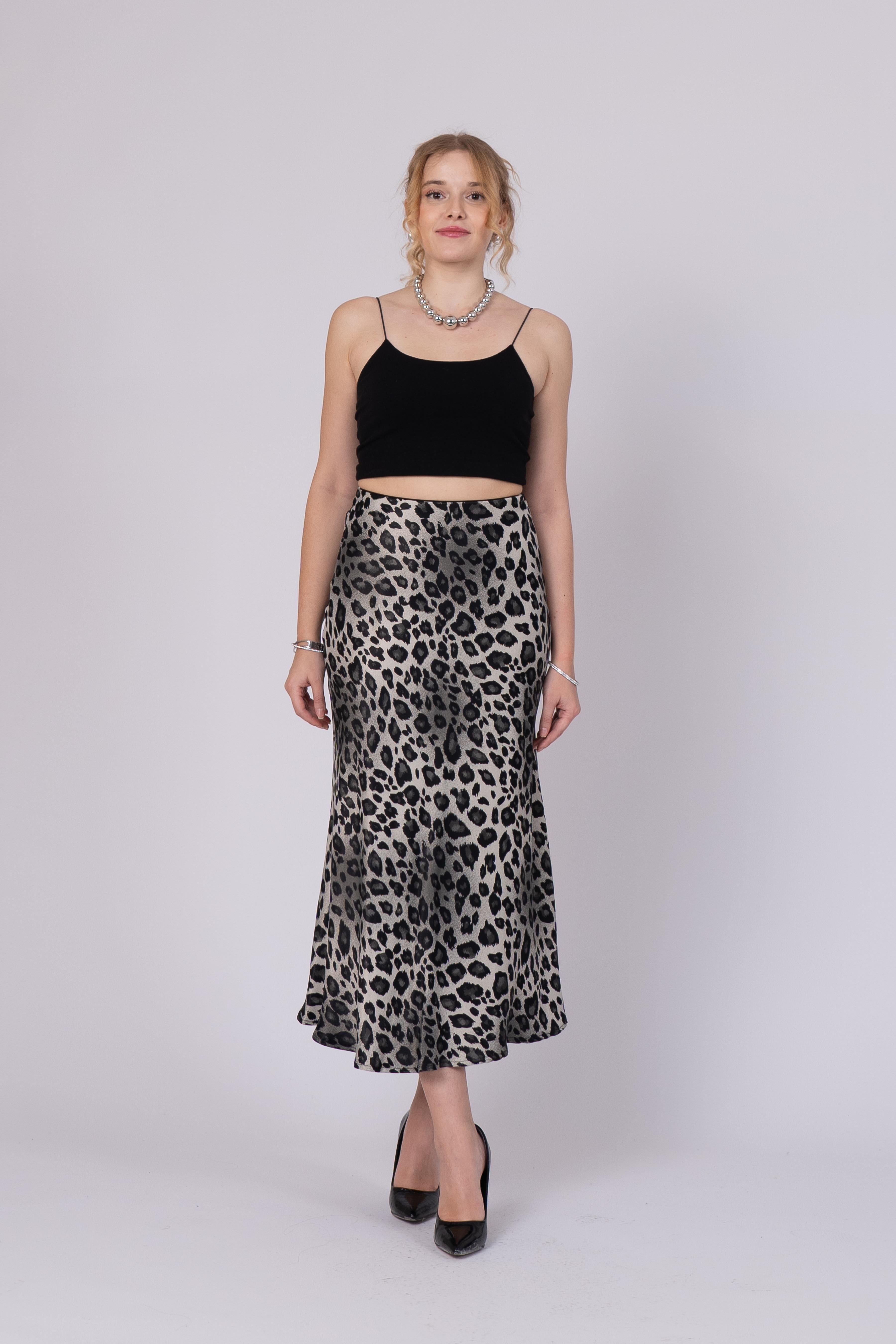 Saten Leopar Desen Beli Lastikli Etek 6718 - SIYAH