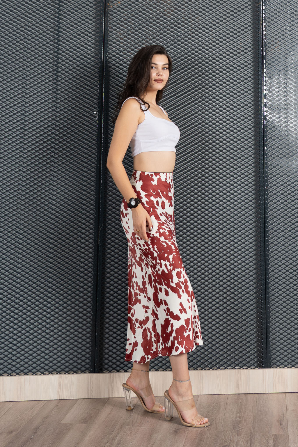 Saten Leopar Desen Beli Lastikli Etek 6718 - BORDO