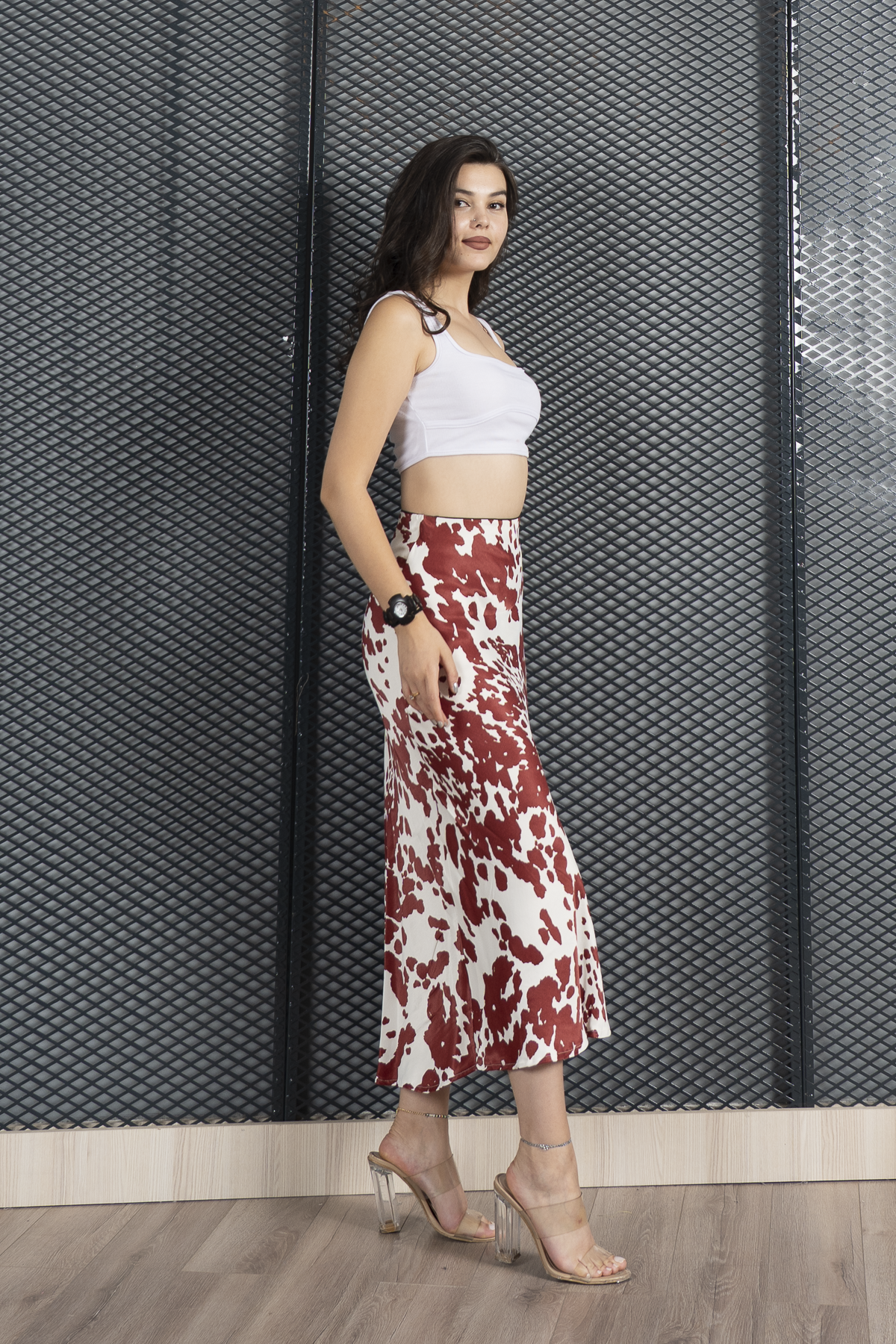 Saten Leopar Desen Beli Lastikli Etek 6718 - BORDO