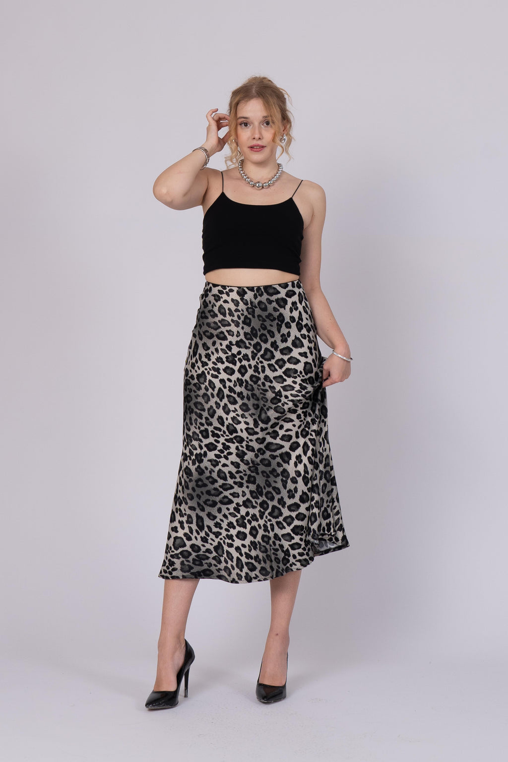 Saten Leopar Desen Beli Lastikli Etek 6718 - SIYAH
