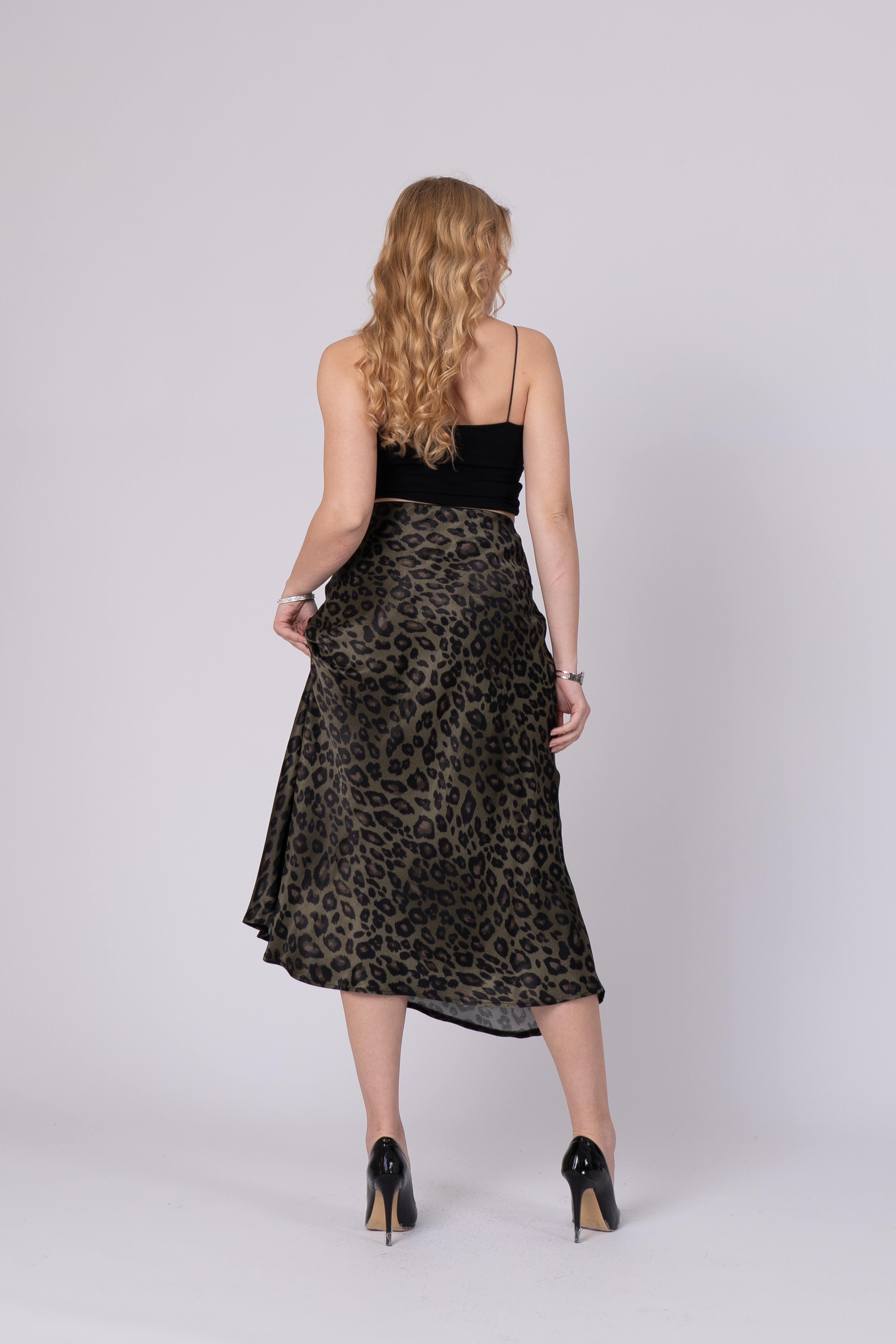 Saten Leopar Desen Beli Lastikli Etek 6718 - HAKİ