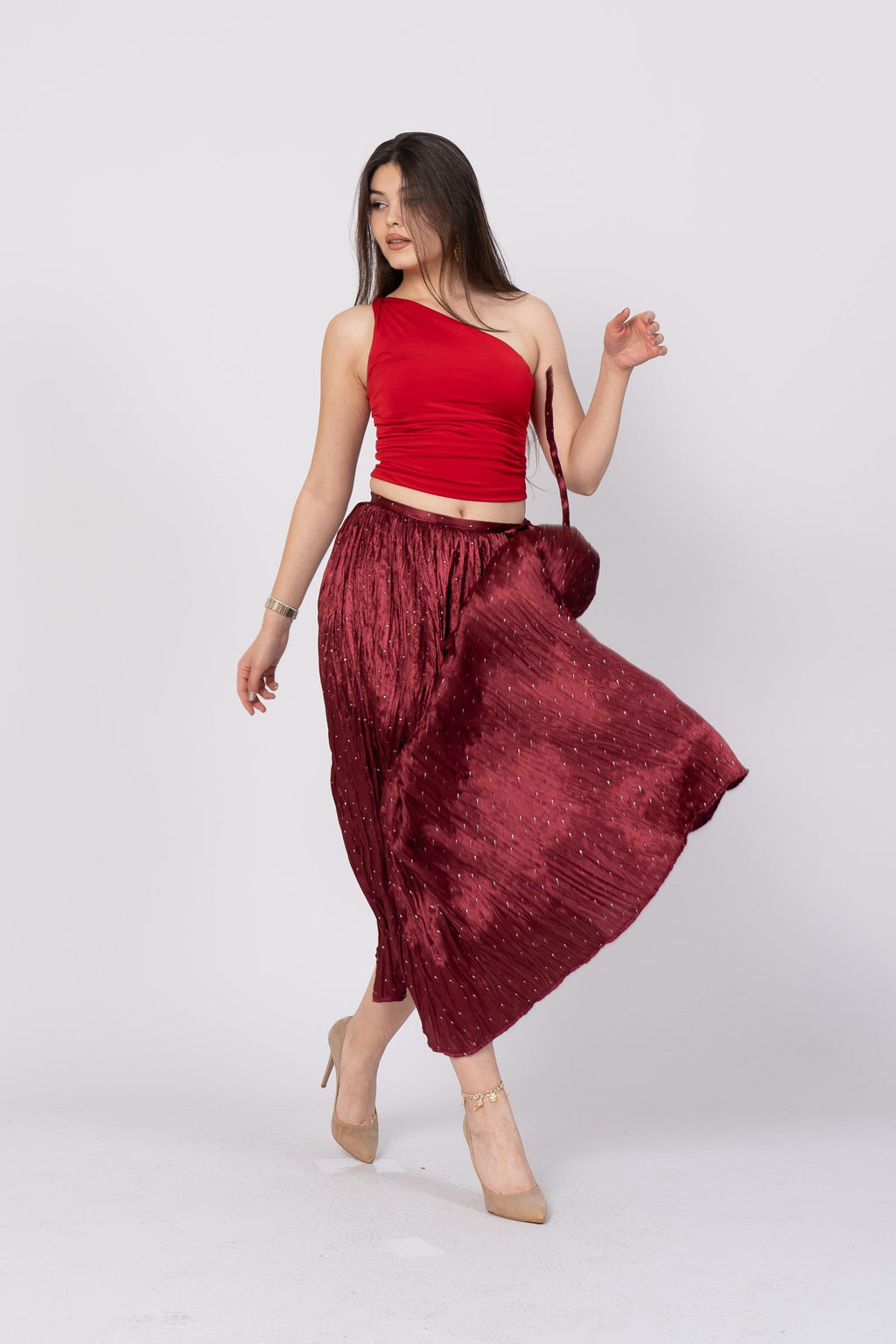 Taş Baskılı Uzun Saten Verev Etek 6786 - BORDO