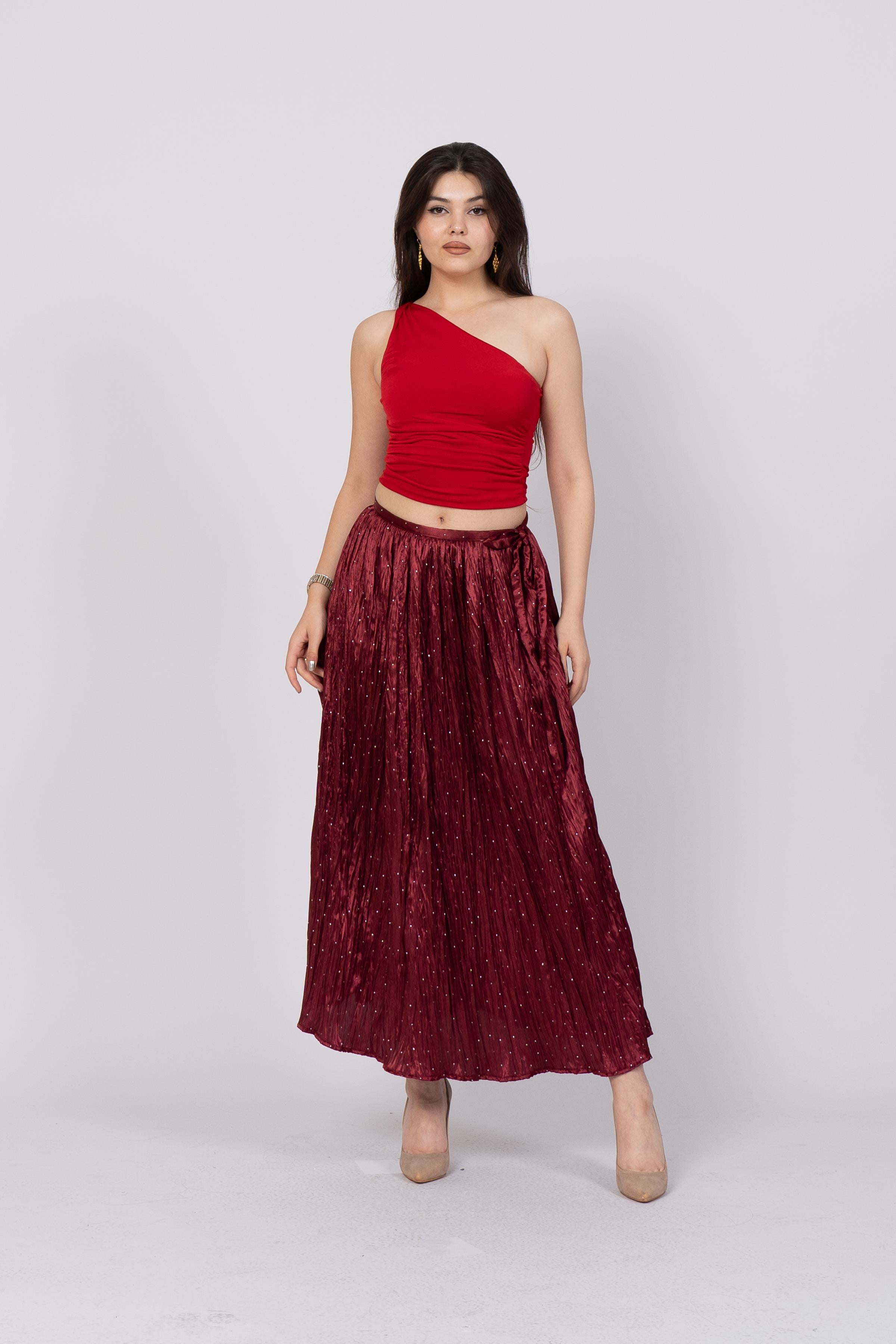 Taş Baskılı Uzun Saten Verev Etek 6786 - BORDO