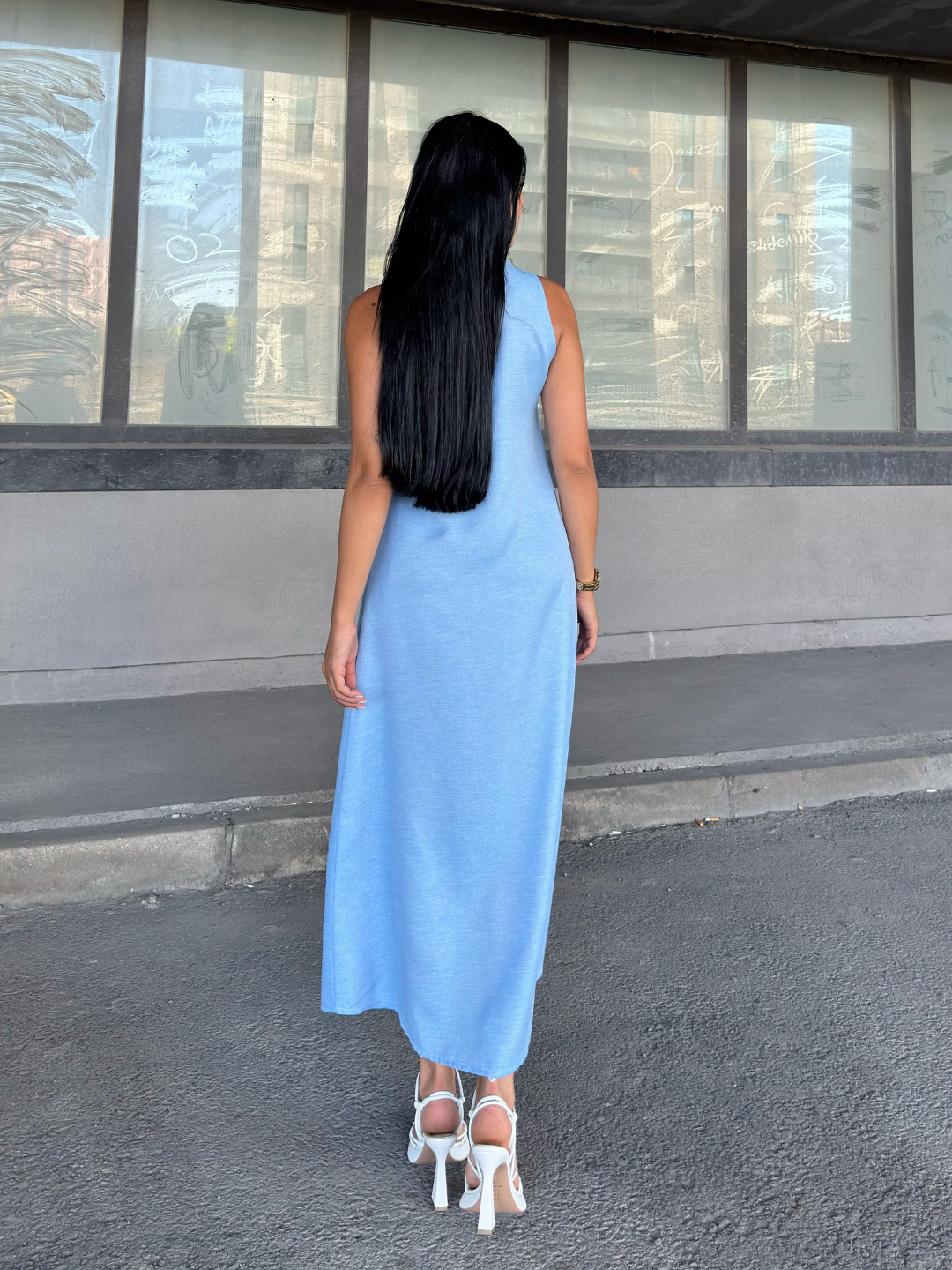 TINA V YAKA UZUN ELBİSE - MAVİ