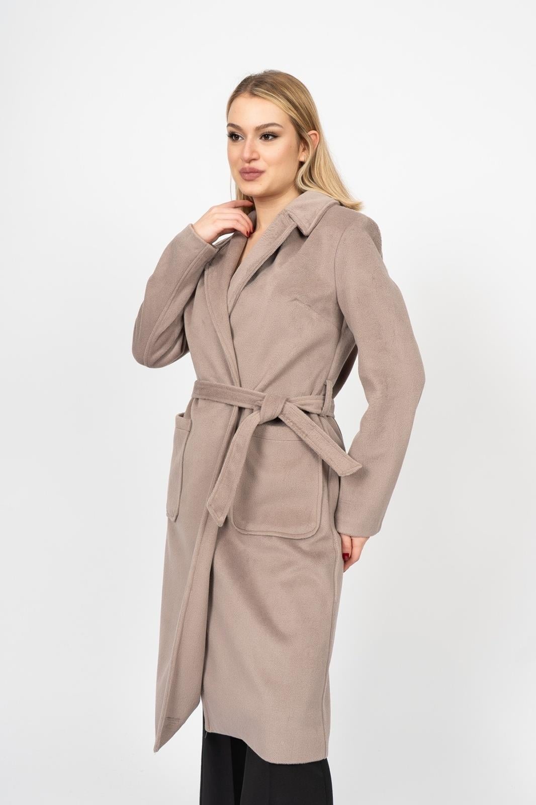 VELVET KAŞE KUŞAKLI KABAN - VIZON