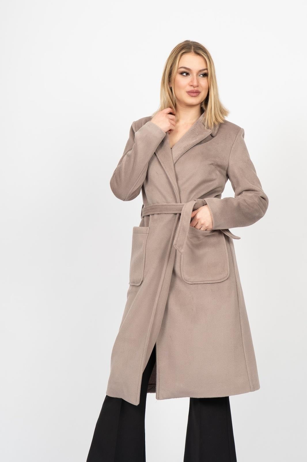 VELVET KAŞE KUŞAKLI KABAN - VIZON