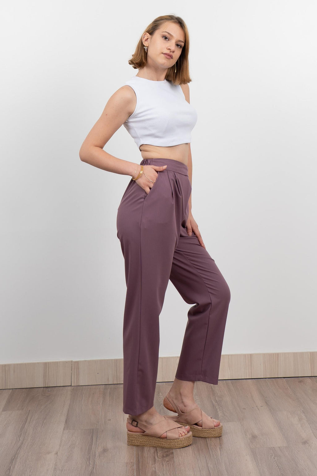Verev Beli Lastikli Kumaş Pantolon 30228 - LİLA