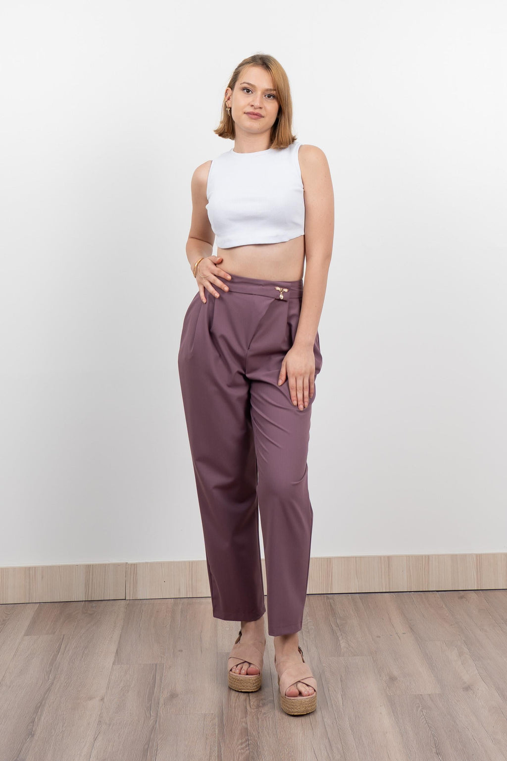 Verev Beli Lastikli Kumaş Pantolon 30228 - LİLA